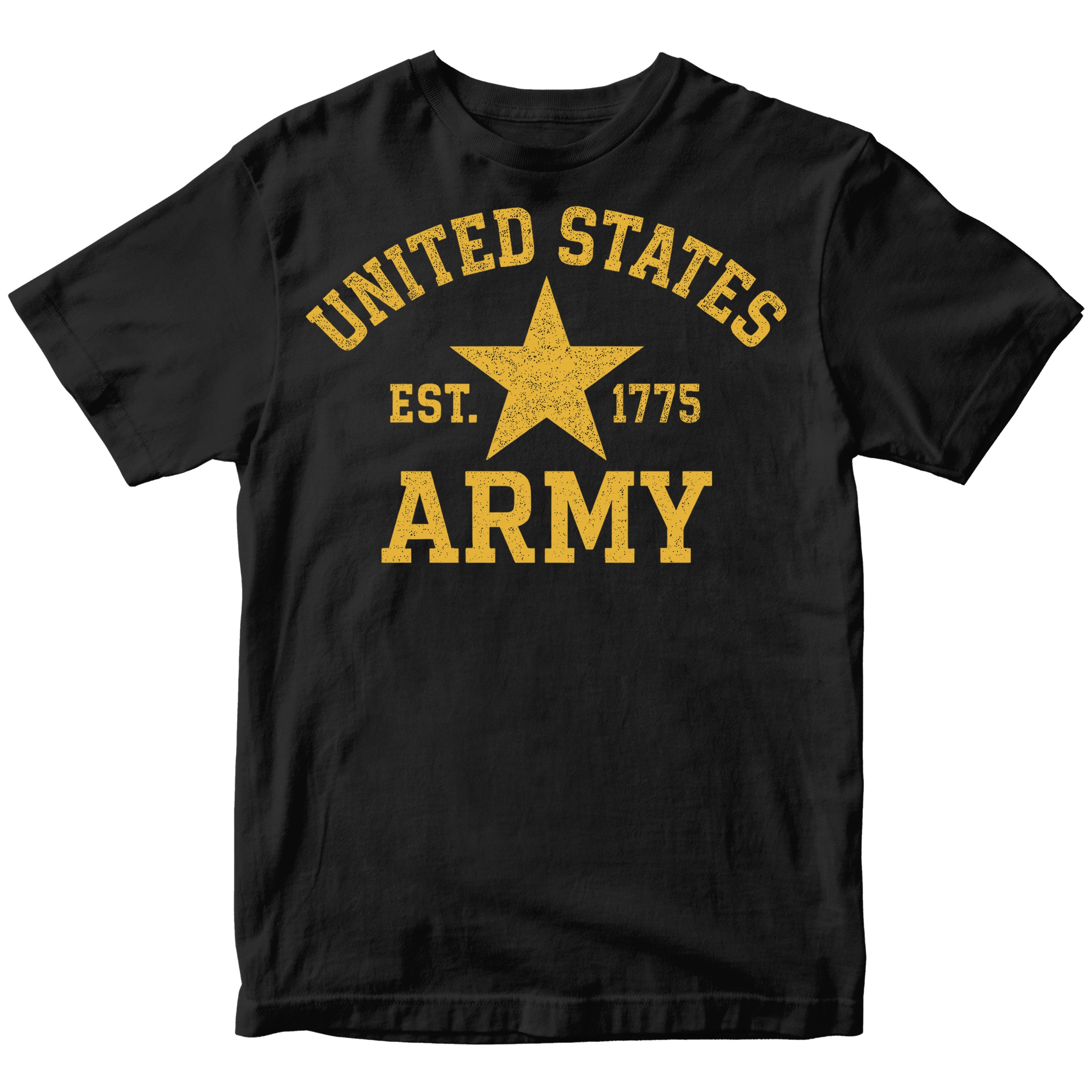 Black T-shirt with a distressed yellow design: arched ‘UNITED STATES’ text above a central star flanked by ‘Est. 1775,’ and bold ‘ARMY’ lettering below.”