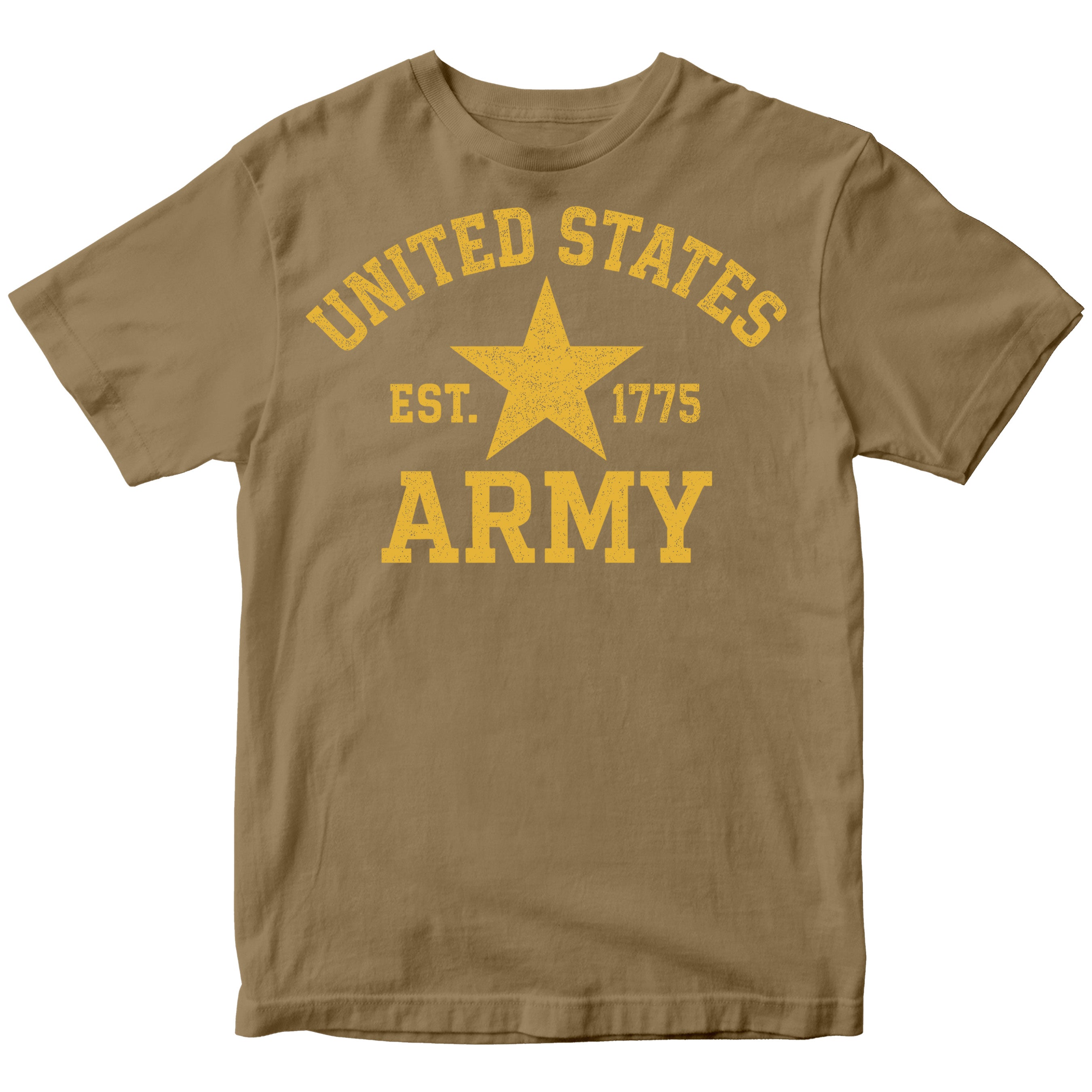 Brown T-shirt with a distressed yellow design: arched ‘UNITED STATES’ text above a central star flanked by ‘Est. 1775,’ and bold ‘ARMY’ lettering below.”