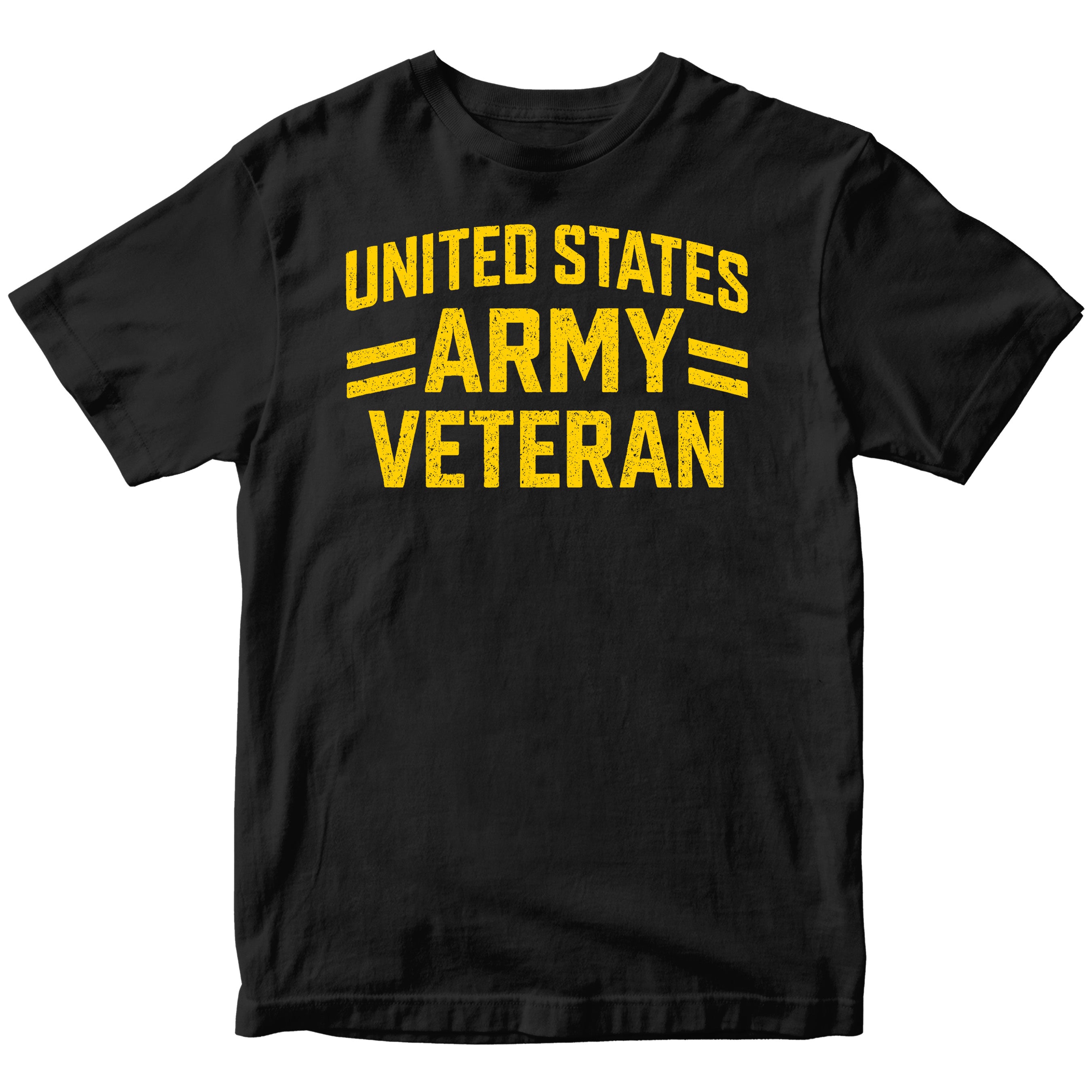 Black ARMY t-shirt with distressed yellow 'UNITED STATES ARMY VETERAN' text