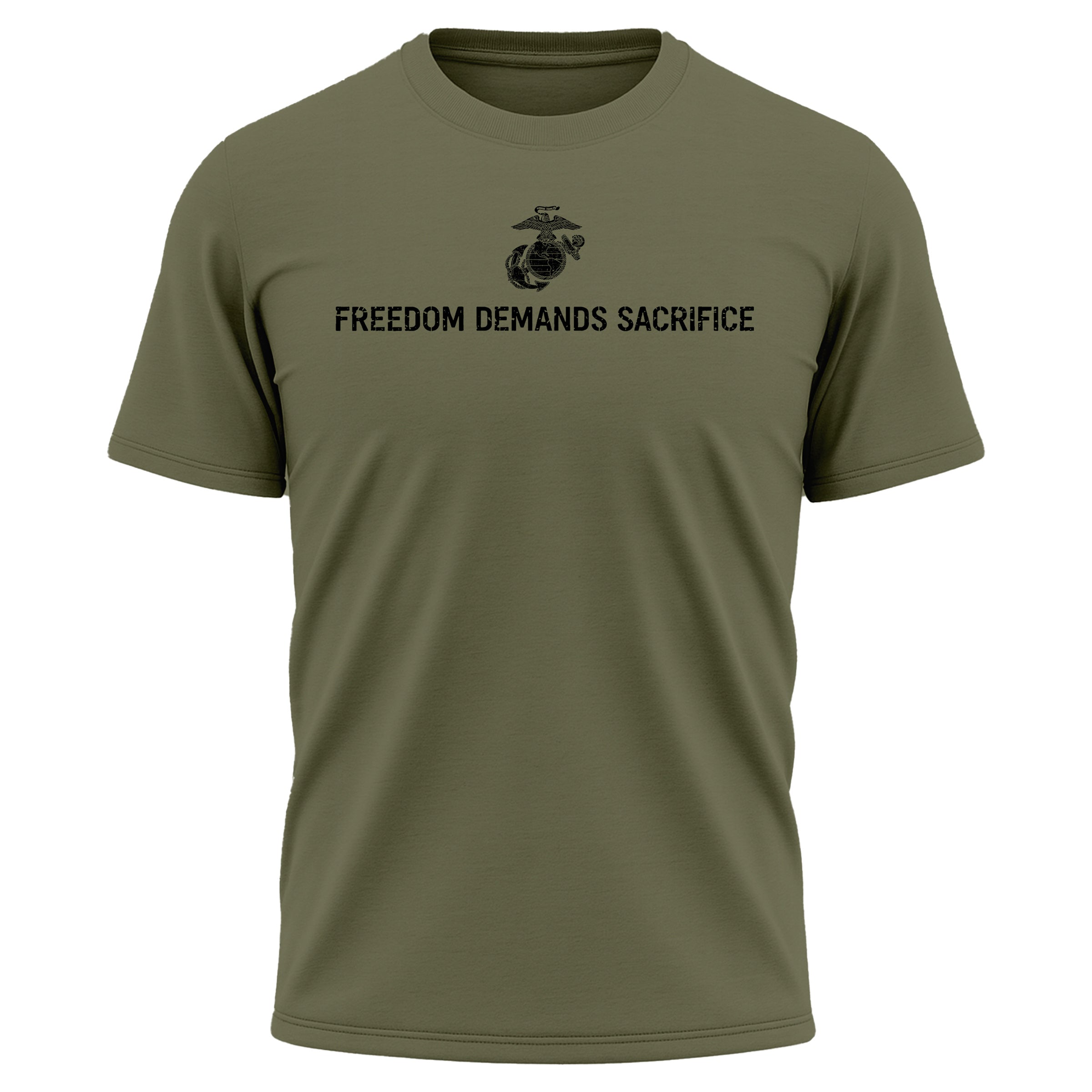 USMC 1 percent who serve performance Tee. USMC Green performance T-shirt with Freedom Demands Sacrifice front graphic