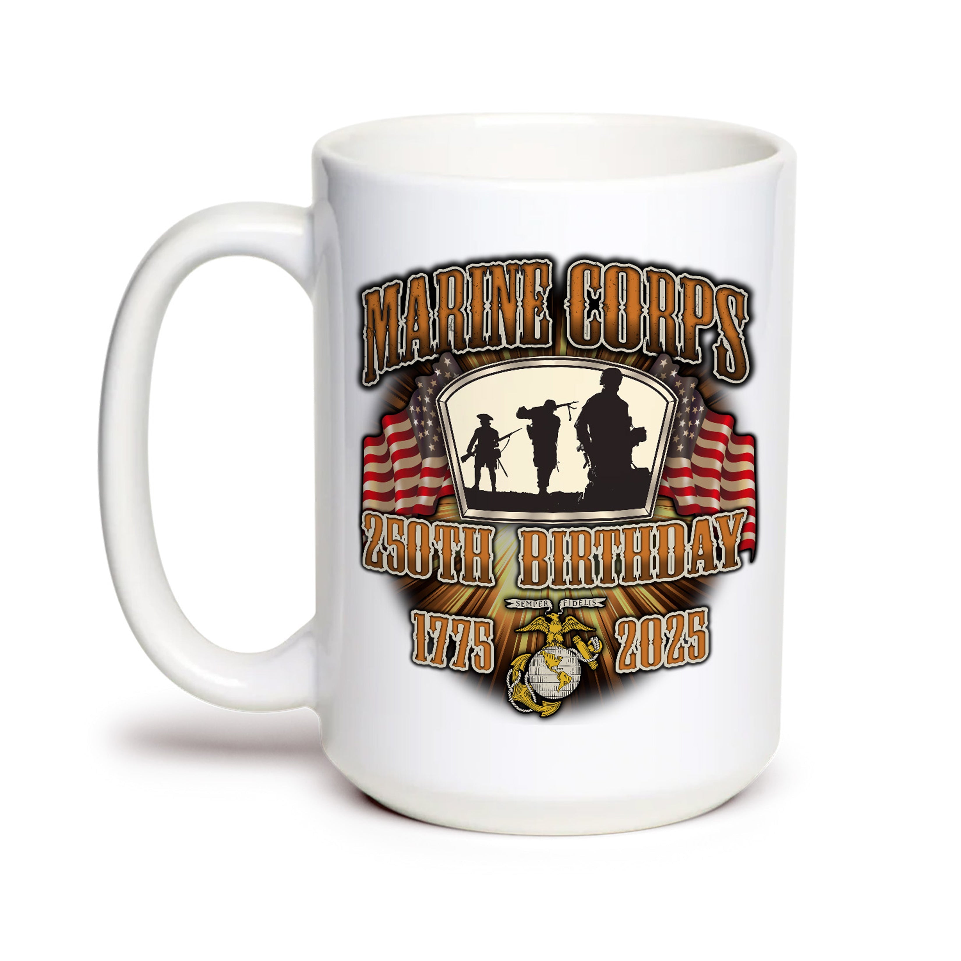 White ceramic mug featuring a the Marine Corps 250th Birthday 1775–2025