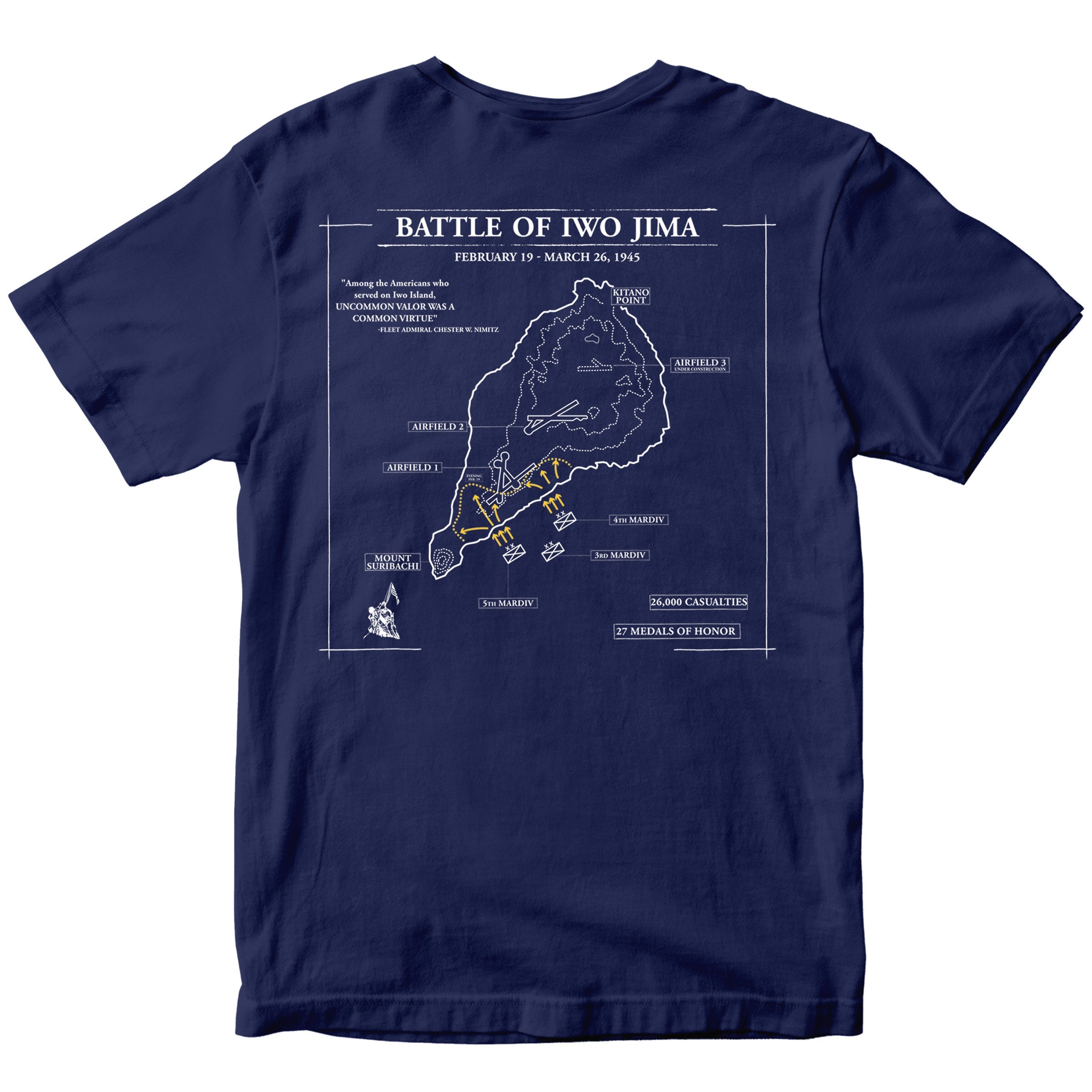 Navy Blue Marine Corps Iwo Jima tactical map T-shirt showing 1945 battle layout. USMC Iwo Jima Tee