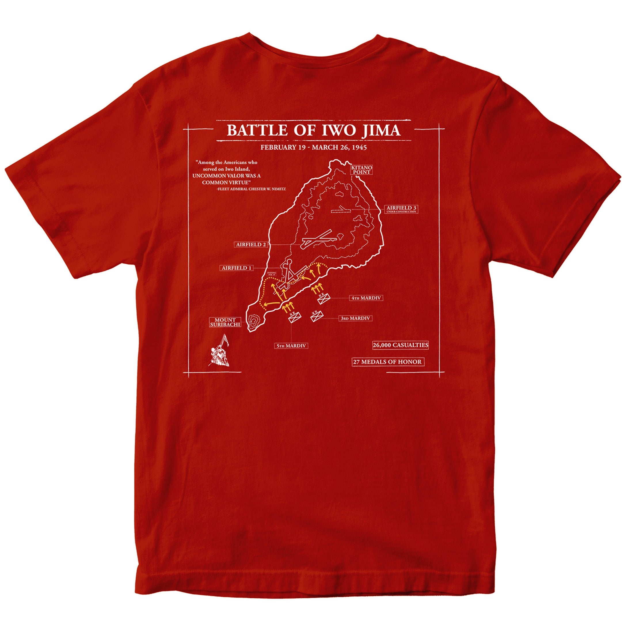 Red Marine Corps Iwo Jima tactical map T-shirt showing 1945 battle layout. USMC Iwo Jima Tee