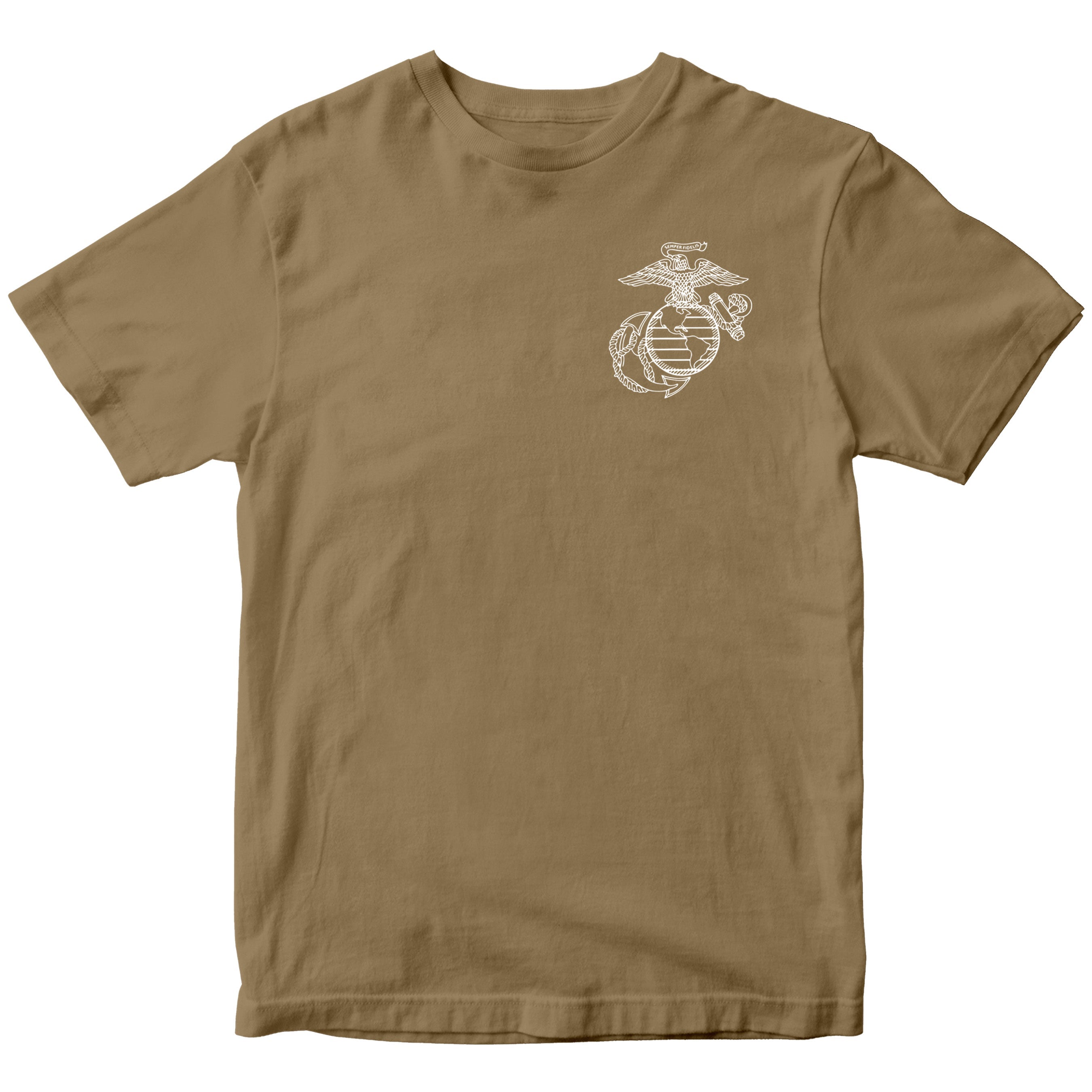 Marine Corps Iwo Jima tactical map T-shirt showing 1945 battle and Eagle Globe and Anchor Chest Seal