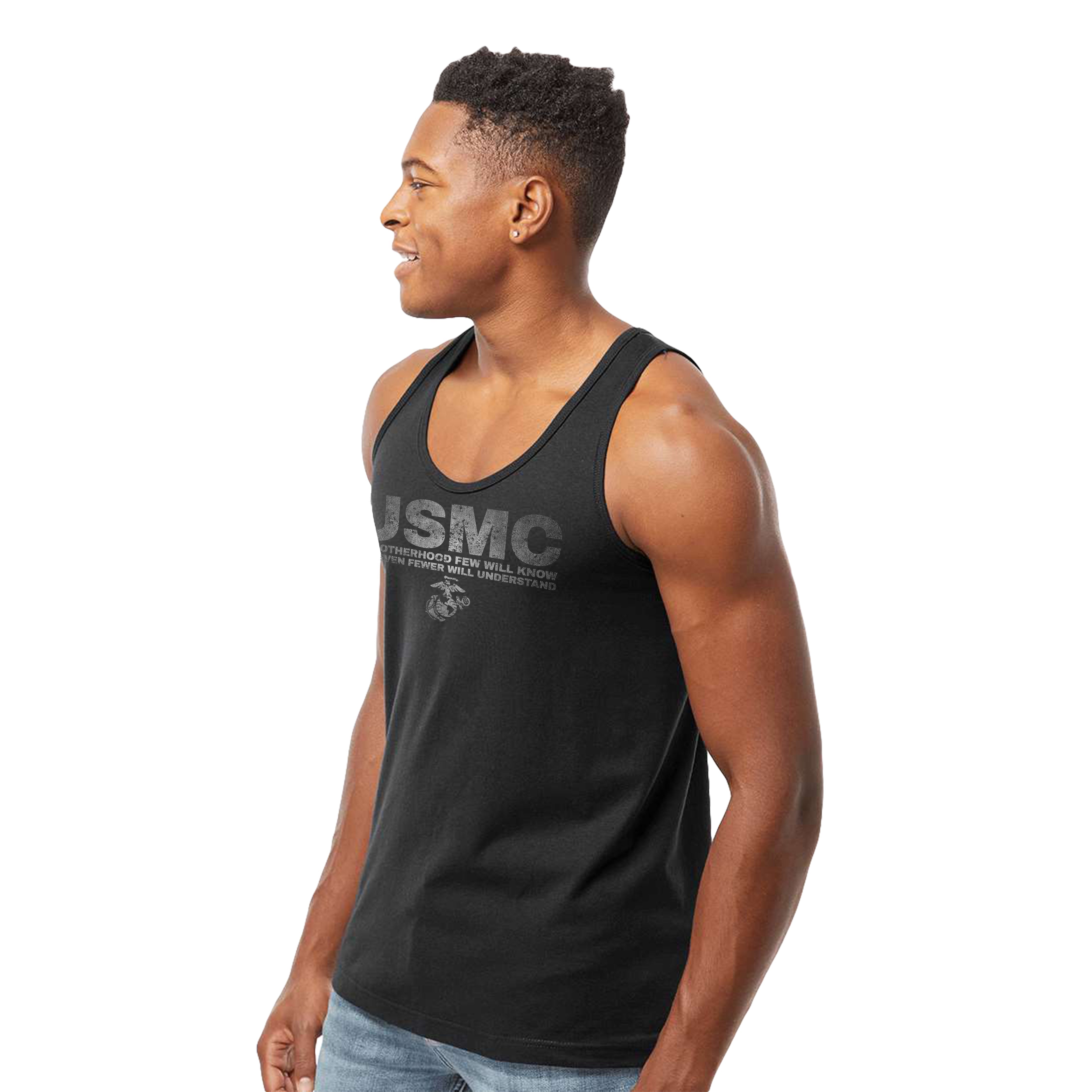 Men’s USMC tank top with distressed gray 'USMC' text and quote 'A Brotherhood Few Will Know and Even Fewer Will Understand' above the Eagle, Globe, and Anchor emblem.