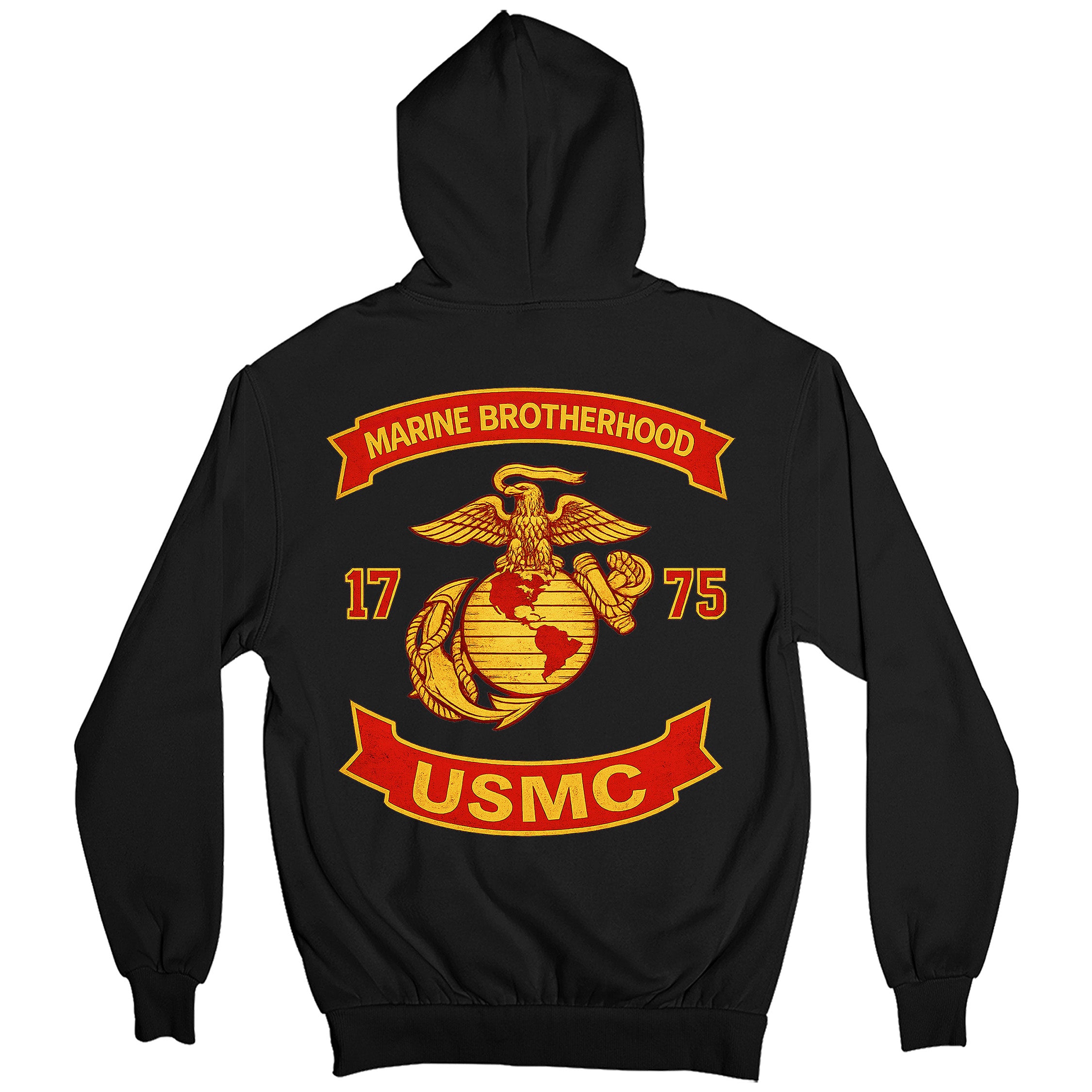 Black USMC hoodie with large motorcycle club–style back graphic reading ‘Marine Brotherhood,’ ‘1775,’ and ‘USMC. Marines Motorcycle hoodie.