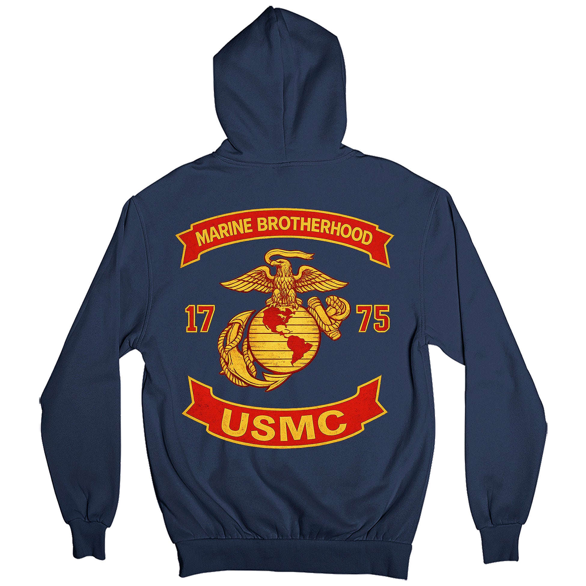 Navy Blue USMC hoodie with large motorcycle club–style back graphic reading ‘Marine Brotherhood,’ ‘1775,’ and ‘USMC. Marines Motorcycle hoodie.