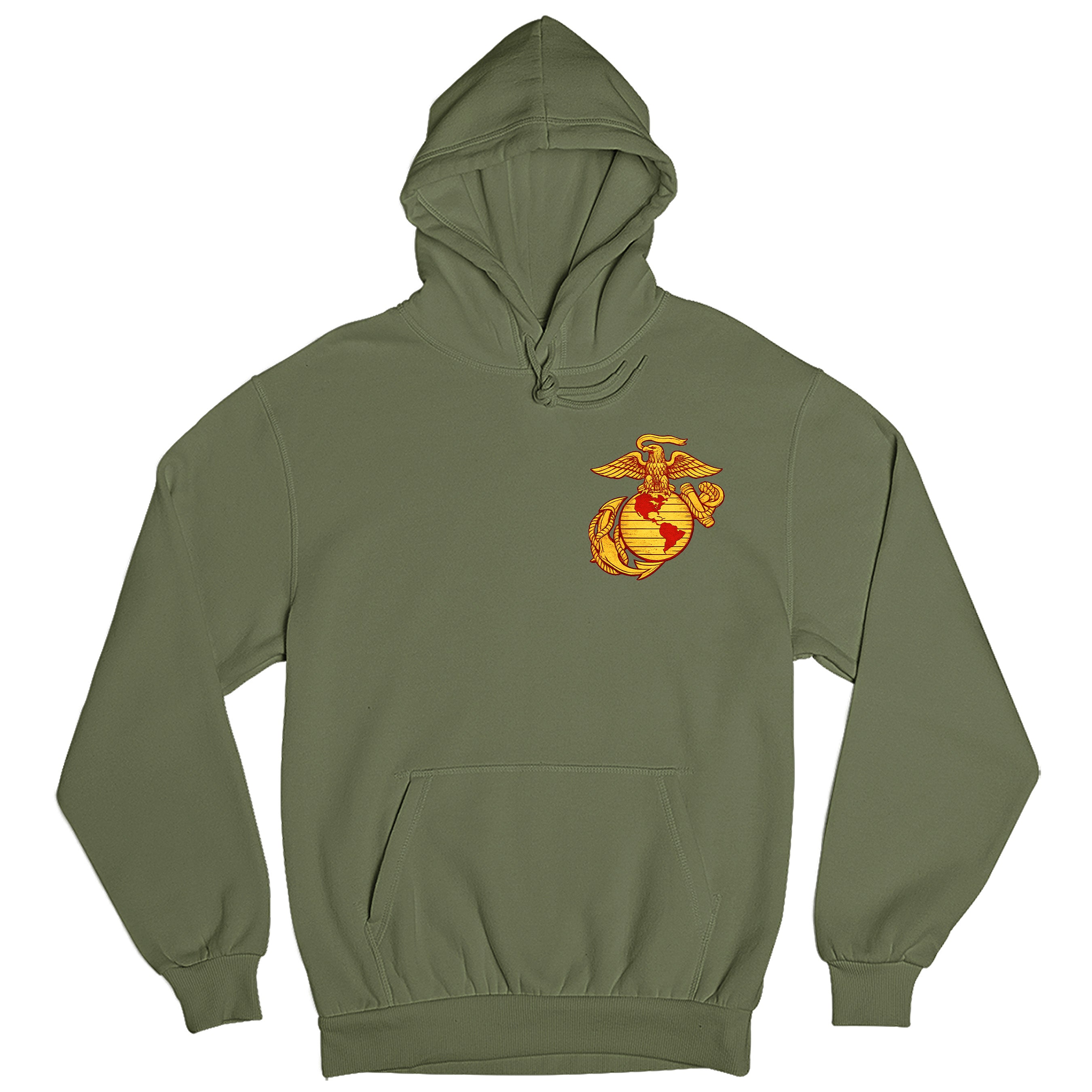 Green USMC hoodie with large motorcycle club–style back graphic reading ‘Marine Brotherhood,’ ‘1775,’ and ‘USMC. Marines Motorcycle hoodie.
