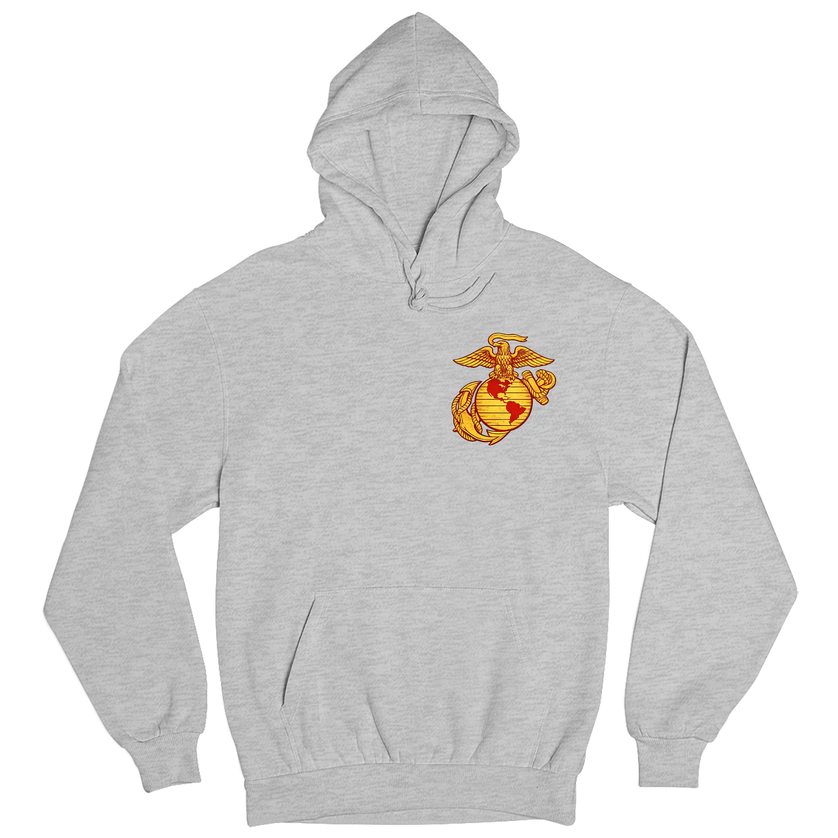 Gray USMC hoodie with large motorcycle club–style back graphic reading ‘Marine Brotherhood,’ ‘1775,’ and ‘USMC. Marines Motorcycle hoodie.