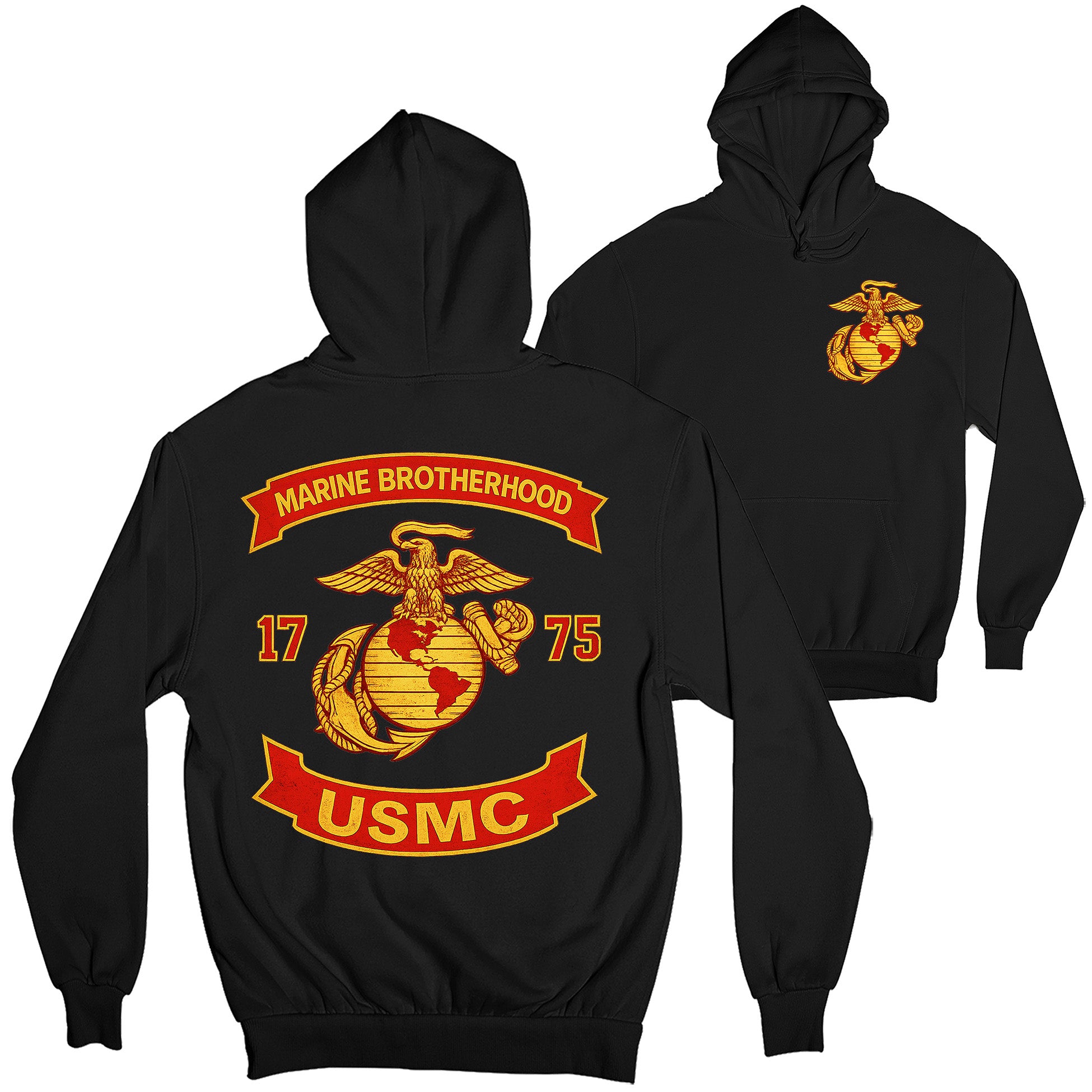 Black USMC hoodie with large motorcycle club–style back graphic reading ‘Marine Brotherhood,’ ‘1775,’ and ‘USMC. Marines Motorcycle hoodie.