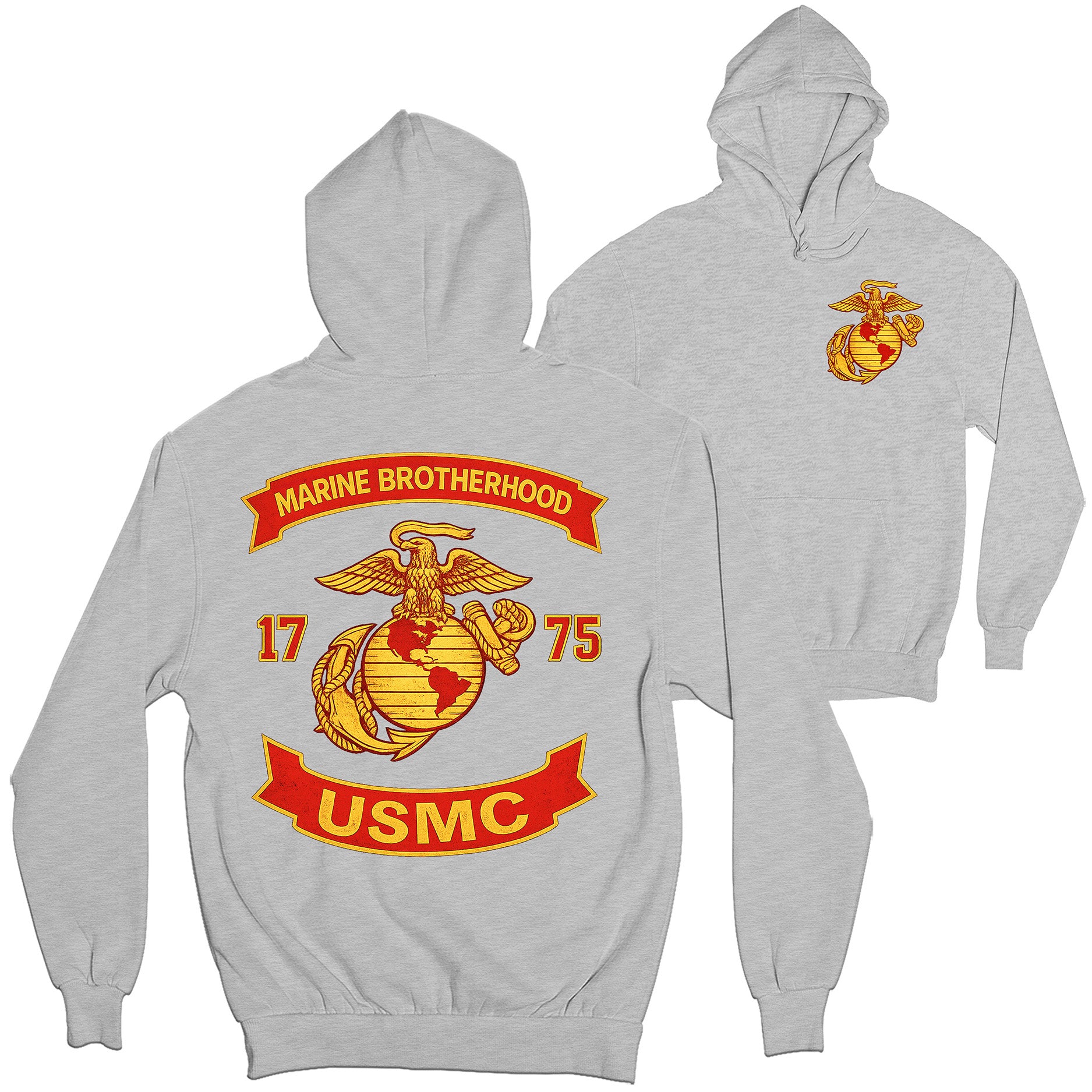 Gray USMC hoodie with large motorcycle club–style back graphic reading ‘Marine Brotherhood,’ ‘1775,’ and ‘USMC. Marines Motorcycle hoodie.