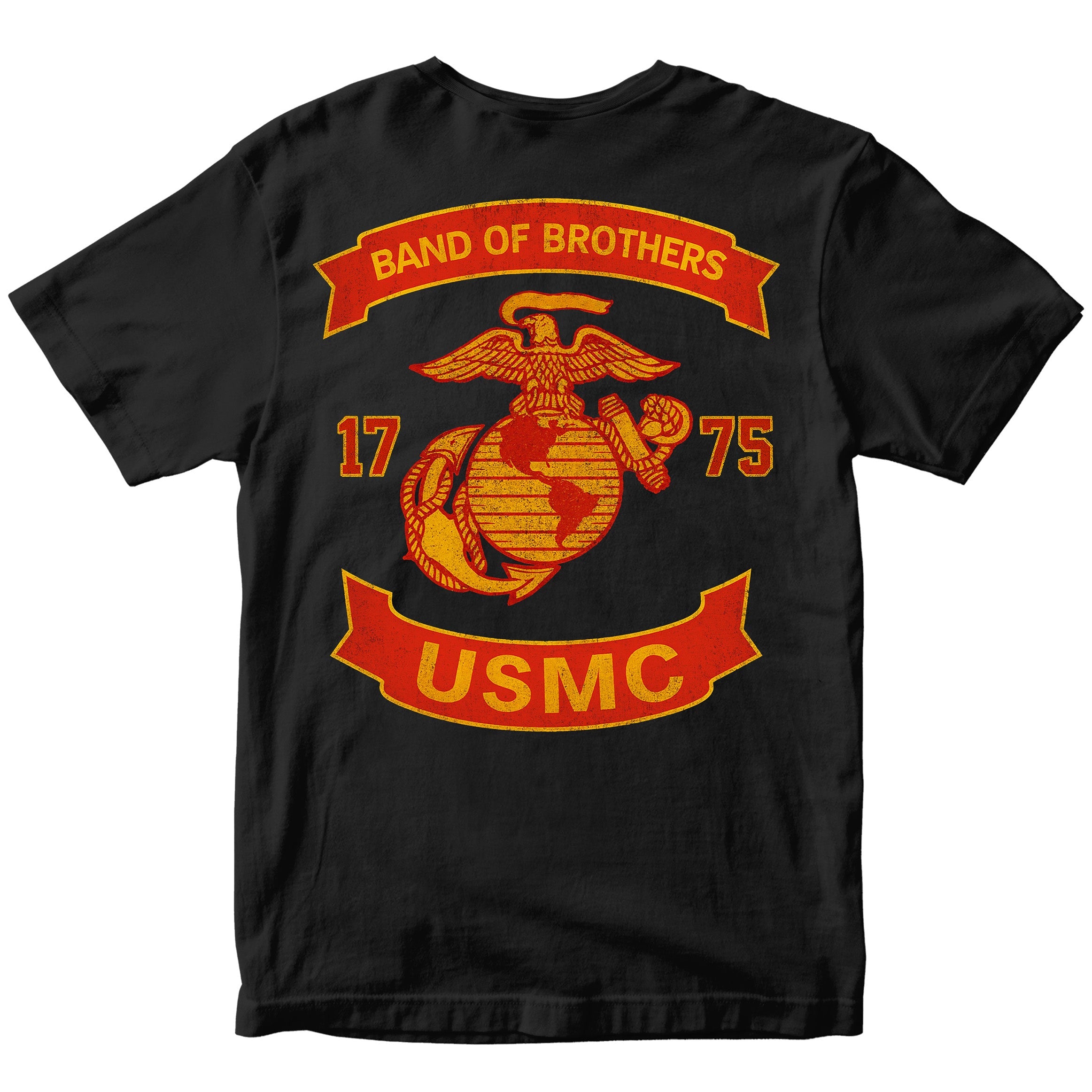 Black USMC T-shirt with large motorcycle club–style back graphic reading ‘Band of Brothers,’ ‘1775,’ and ‘USMC. Marines Motorcycle Tee