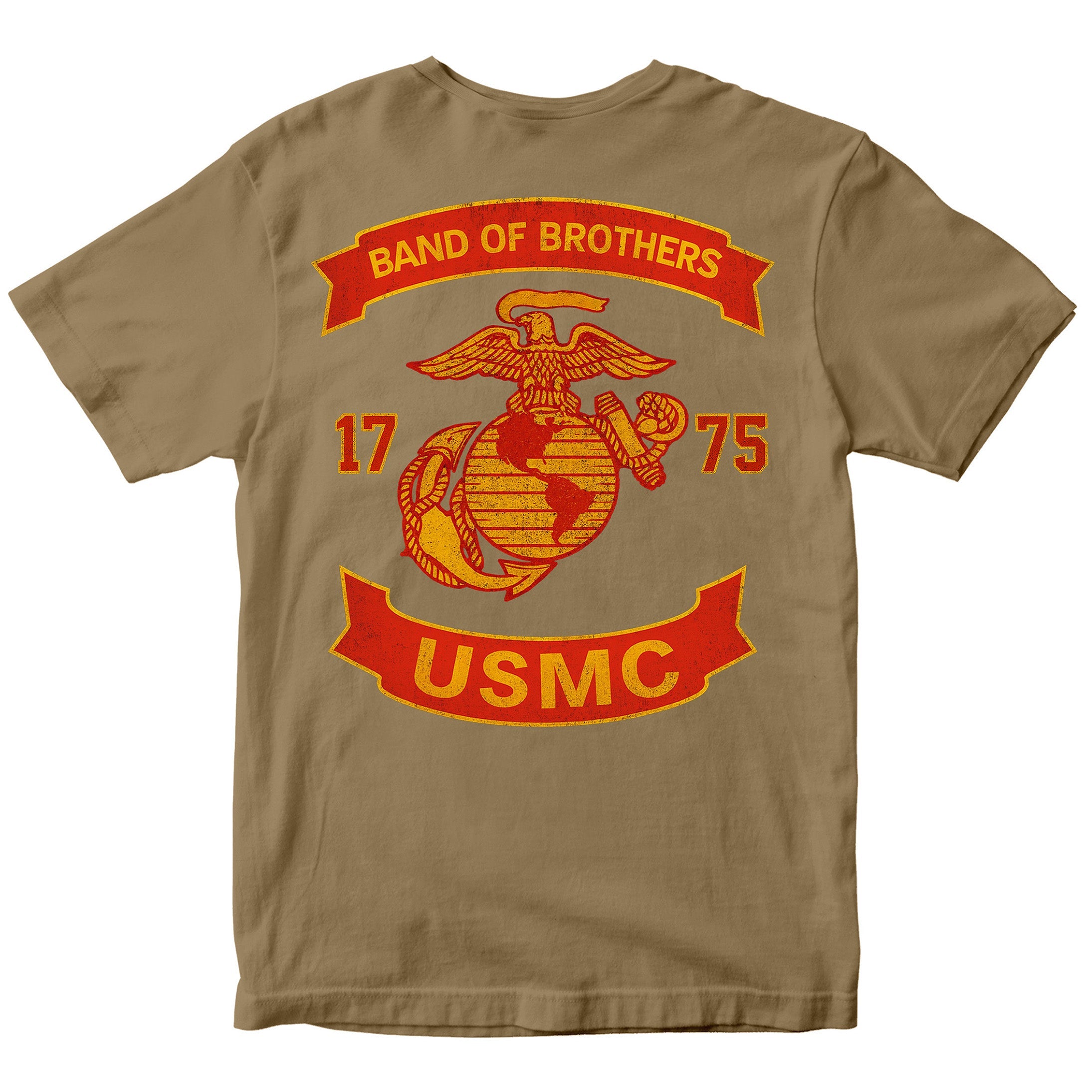 Brown USMC T-shirt with large motorcycle club–style back graphic reading ‘Band of Brothers,’ ‘1775,’ and ‘USMC. Marines Motorcycle Tee
