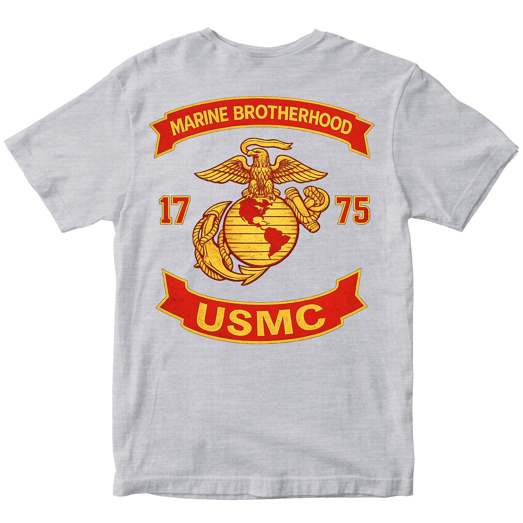 Gray USMC T-shirt with large motorcycle club–style back graphic reading ‘Marine Brotherhood,’ ‘1775,’ and ‘USMC. Marines Motorcycle Tee