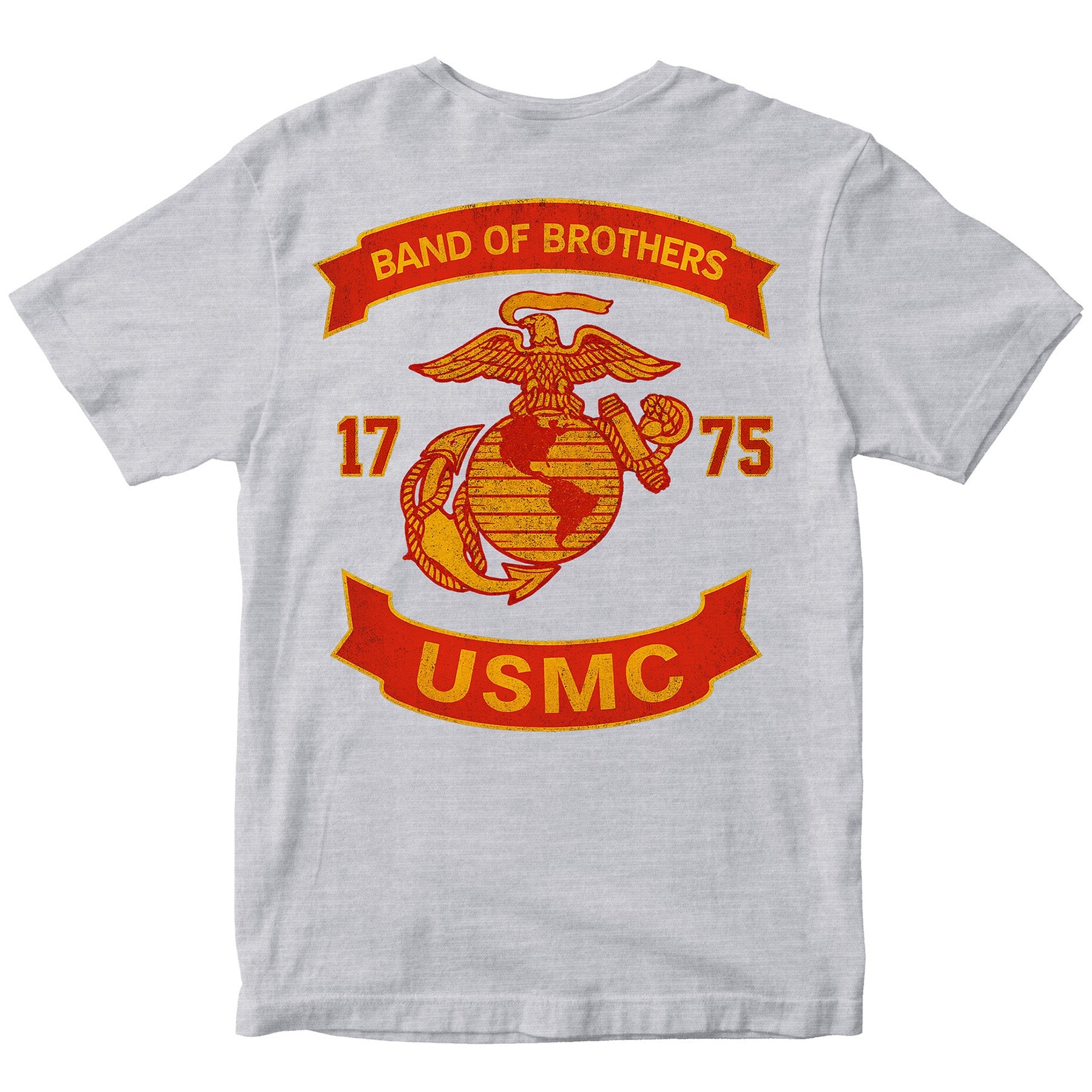 Gray USMC T-shirt with large motorcycle club–style back graphic reading ‘Band of Brothers,’ ‘1775,’ and ‘USMC. Marines Motorcycle Tee
