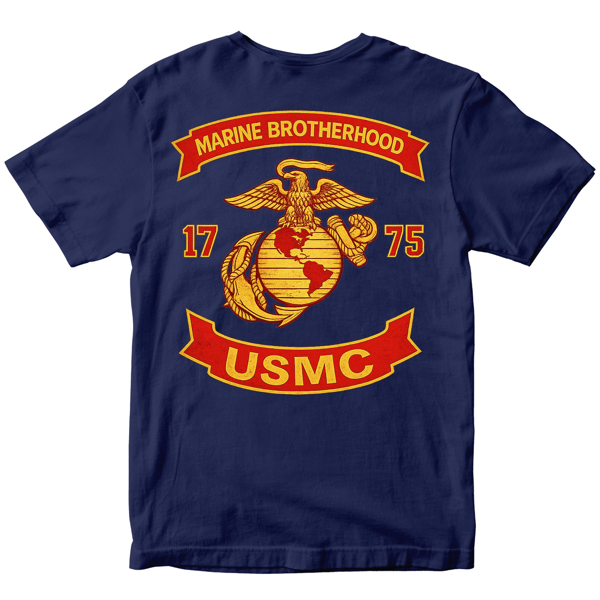 Navy Blue USMC T-shirt with large motorcycle club–style back graphic reading ‘Marine Brotherhood,’ ‘1775,’ and ‘USMC. Marines Motorcycle Tee