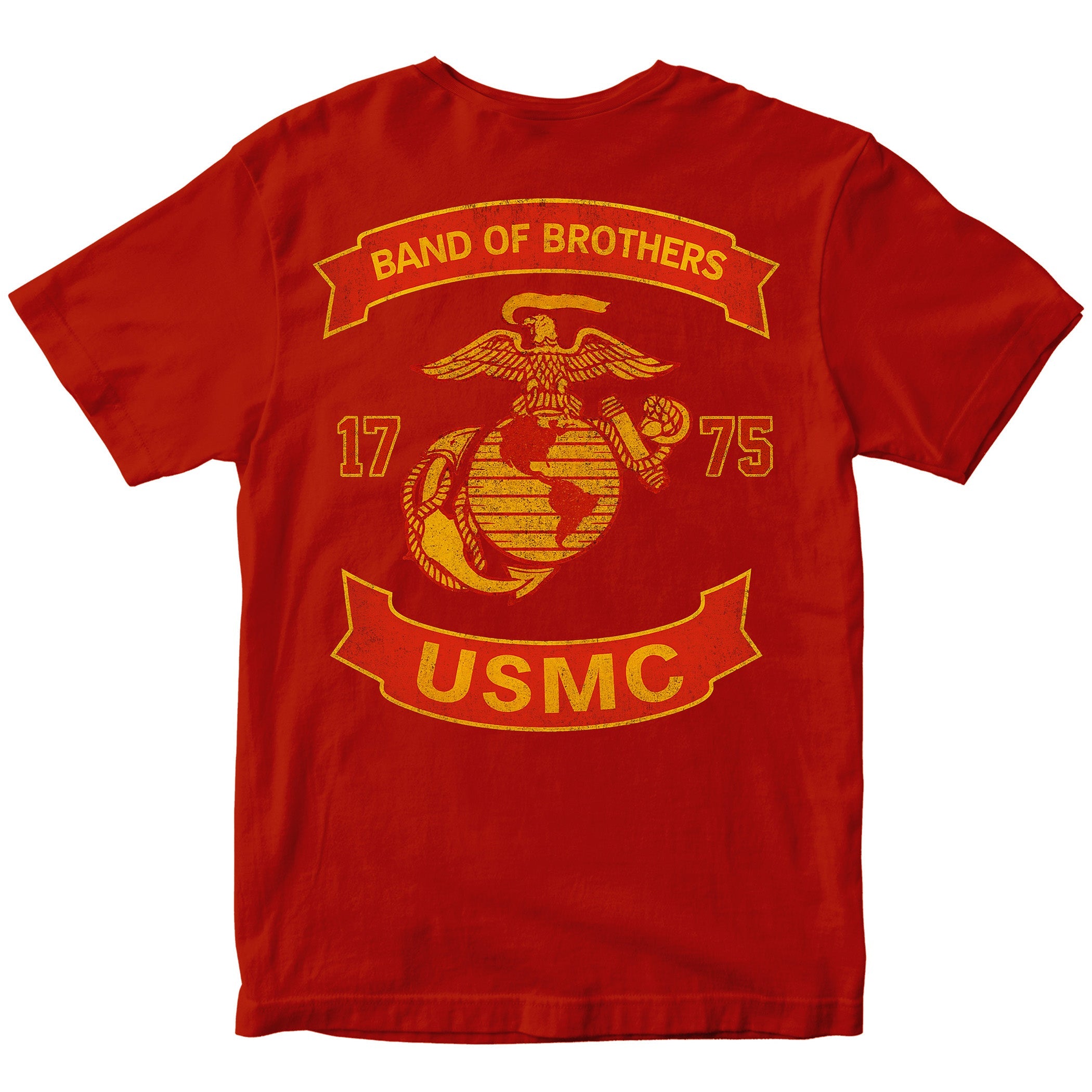 Red USMC T-shirt with large motorcycle club–style back graphic reading ‘Band of Brothers,’ ‘1775,’ and ‘USMC. Marines Motorcycle Tee