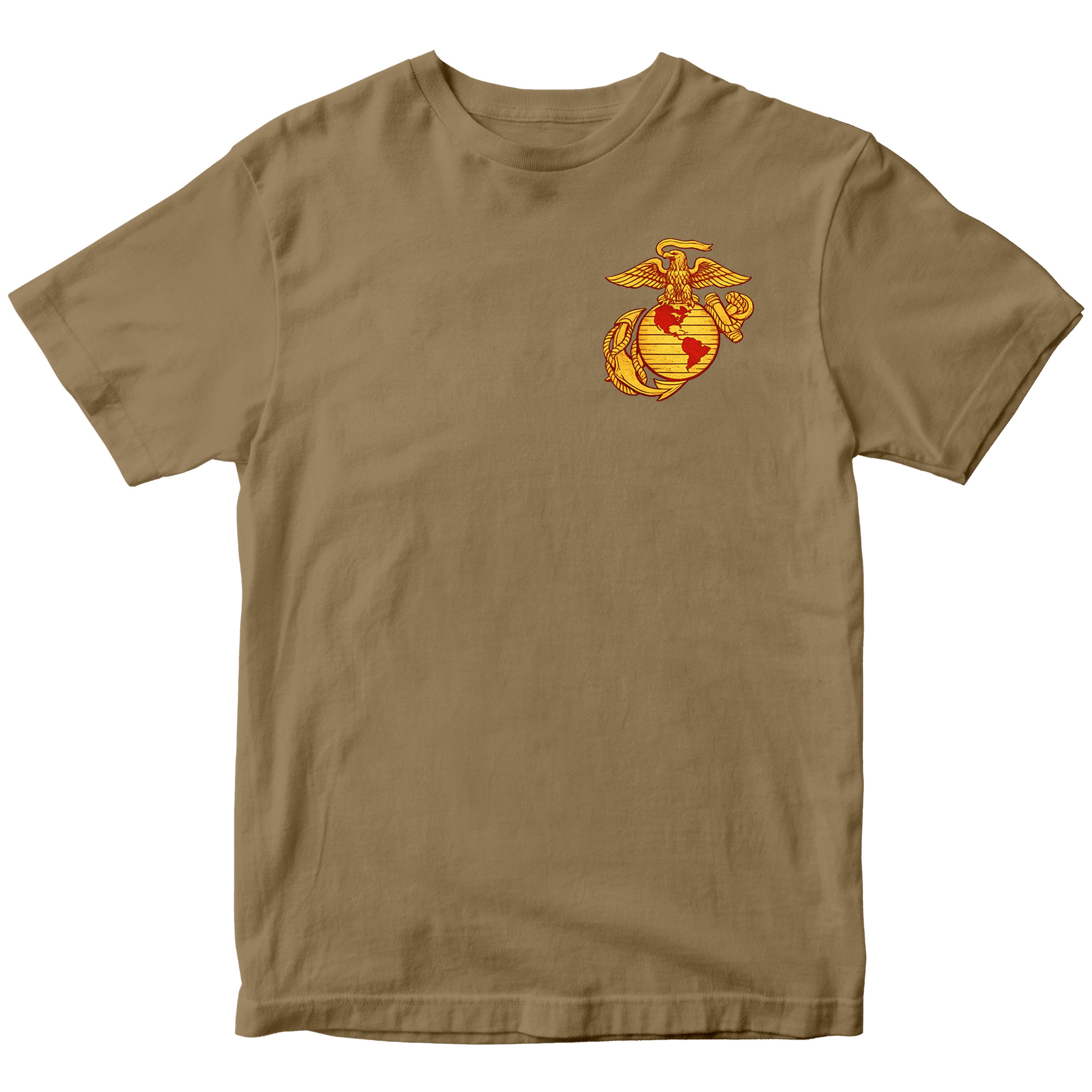 Brown USMC T-shirt with large motorcycle club–style back graphic reading ‘Marine Brotherhood,’ ‘1775,’ and ‘USMC. Marines Motorcycle Tee