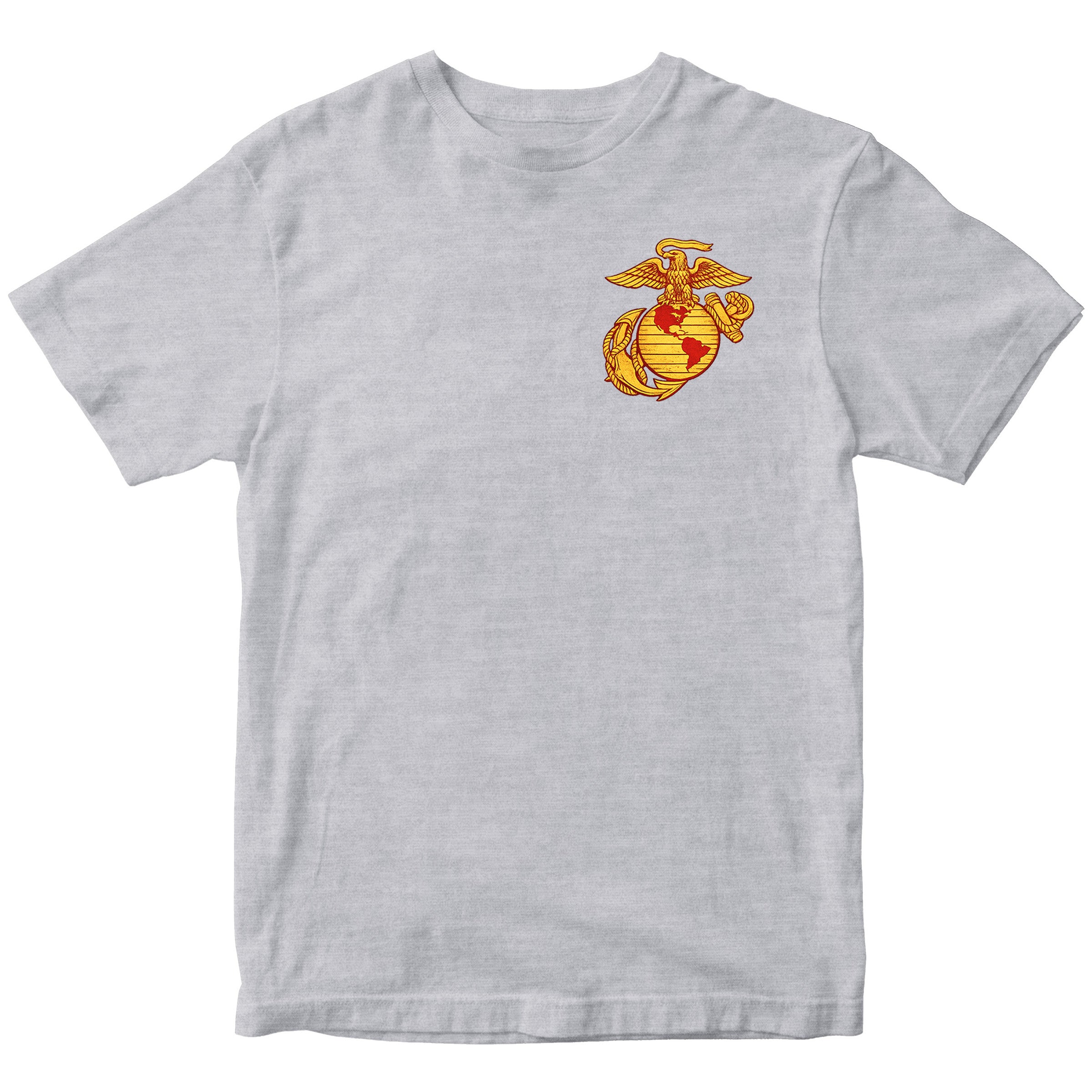 Gray USMC T-shirt with large motorcycle club–style back graphic reading ‘Marine Brotherhood,’ ‘1775,’ and ‘USMC. Marines Motorcycle Tee