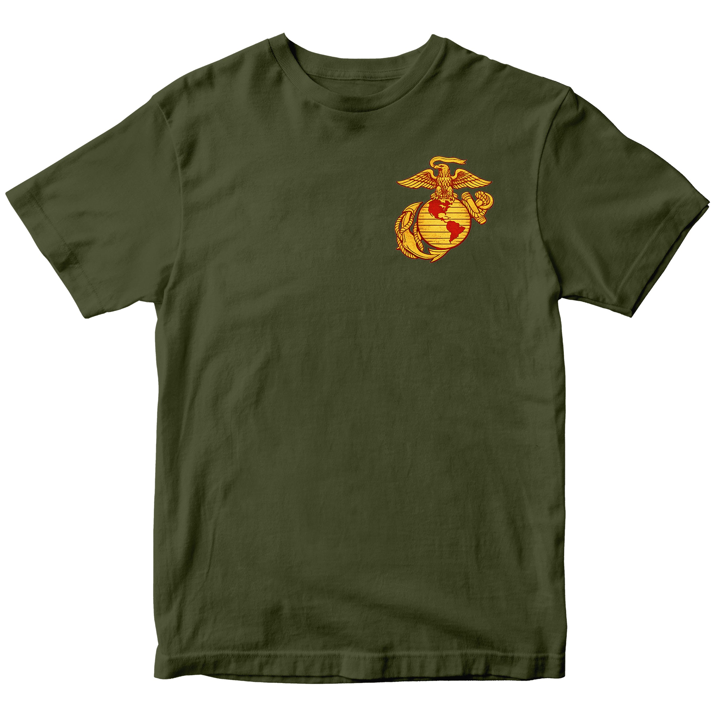 Green USMC T-shirt with large motorcycle club–style back graphic reading ‘Marine Brotherhood,’ ‘1775,’ and ‘USMC. Marines Motorcycle Tee