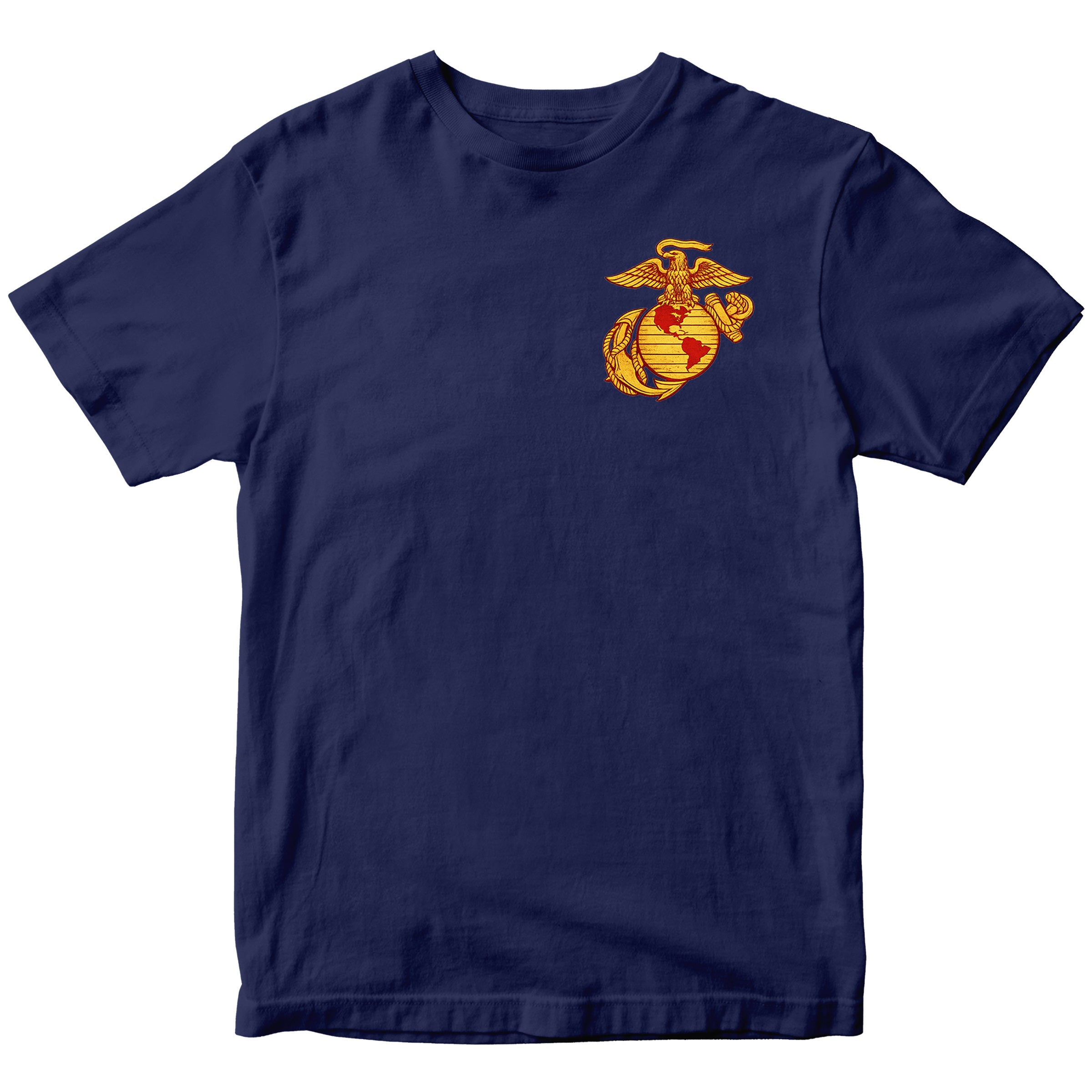 Navy Blue USMC T-shirt with large motorcycle club–style back graphic reading ‘Marine Brotherhood,’ ‘1775,’ and ‘USMC. Marines Motorcycle Tee