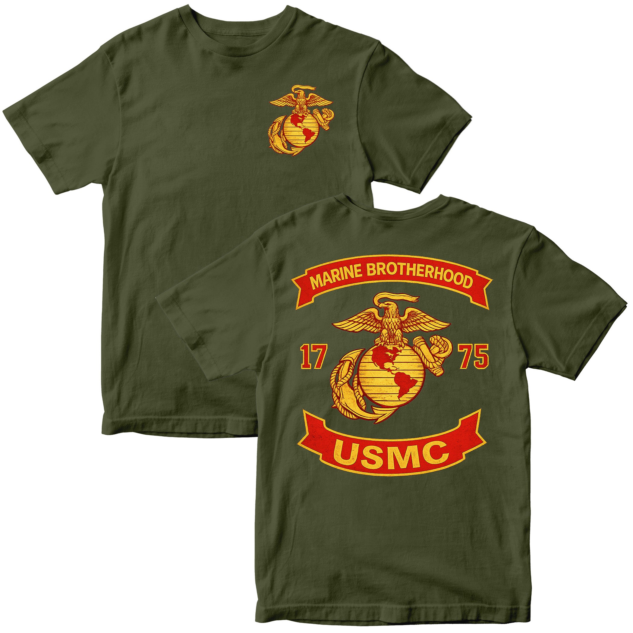 Green USMC T-shirt with large motorcycle club–style back graphic reading ‘Marine Brotherhood,’ ‘1775,’ and ‘USMC. Marines Motorcycle Tee