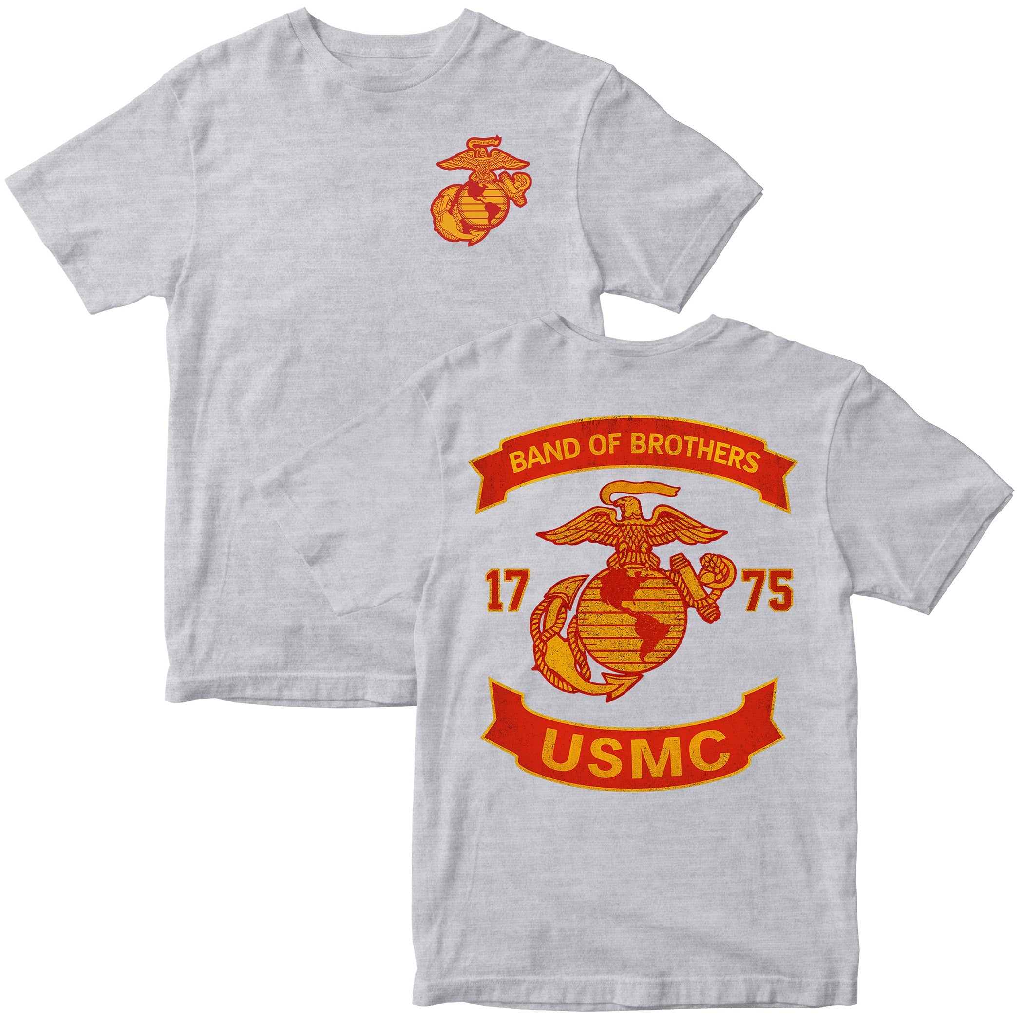 Gray USMC T-shirt with chest EGA and large motorcycle club–style back graphic reading ‘Band of Brothers,’ ‘1775,’ and ‘USMC. Marines Motorcycle Tee