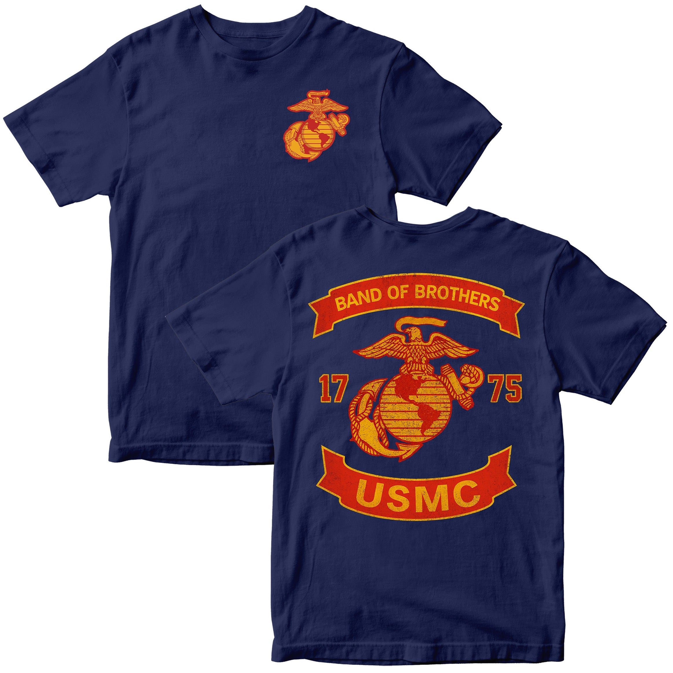 Navy Blue USMC T-shirt with chest EGA and large motorcycle club–style back graphic reading ‘Band of Brothers,’ ‘1775,’ and ‘USMC. Marines Motorcycle Tee
