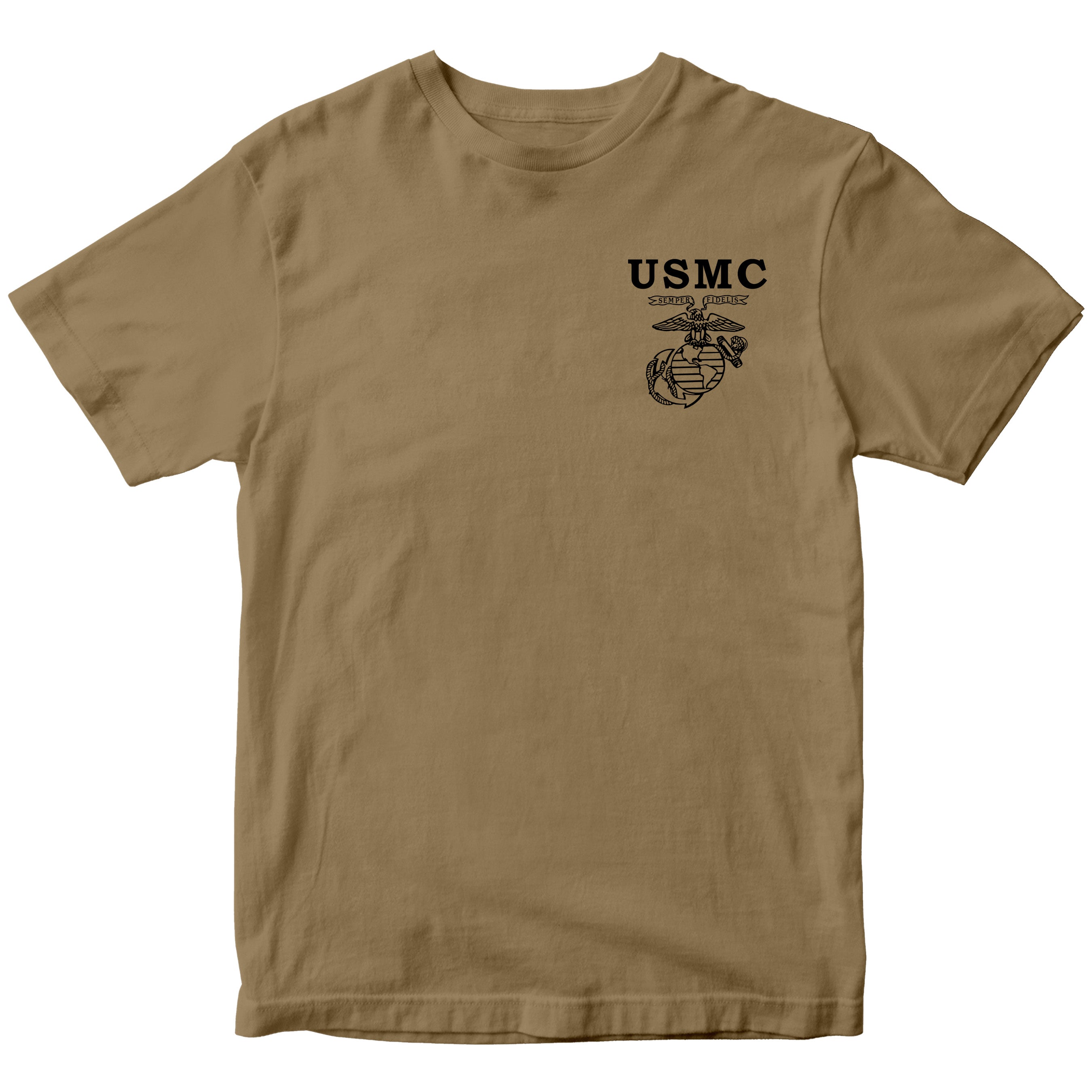 USMC Old School EGA T-shirt with Semper Fidelis Eagle Globe and Anchor chest graphic brown tee. Marines Vintage Tee