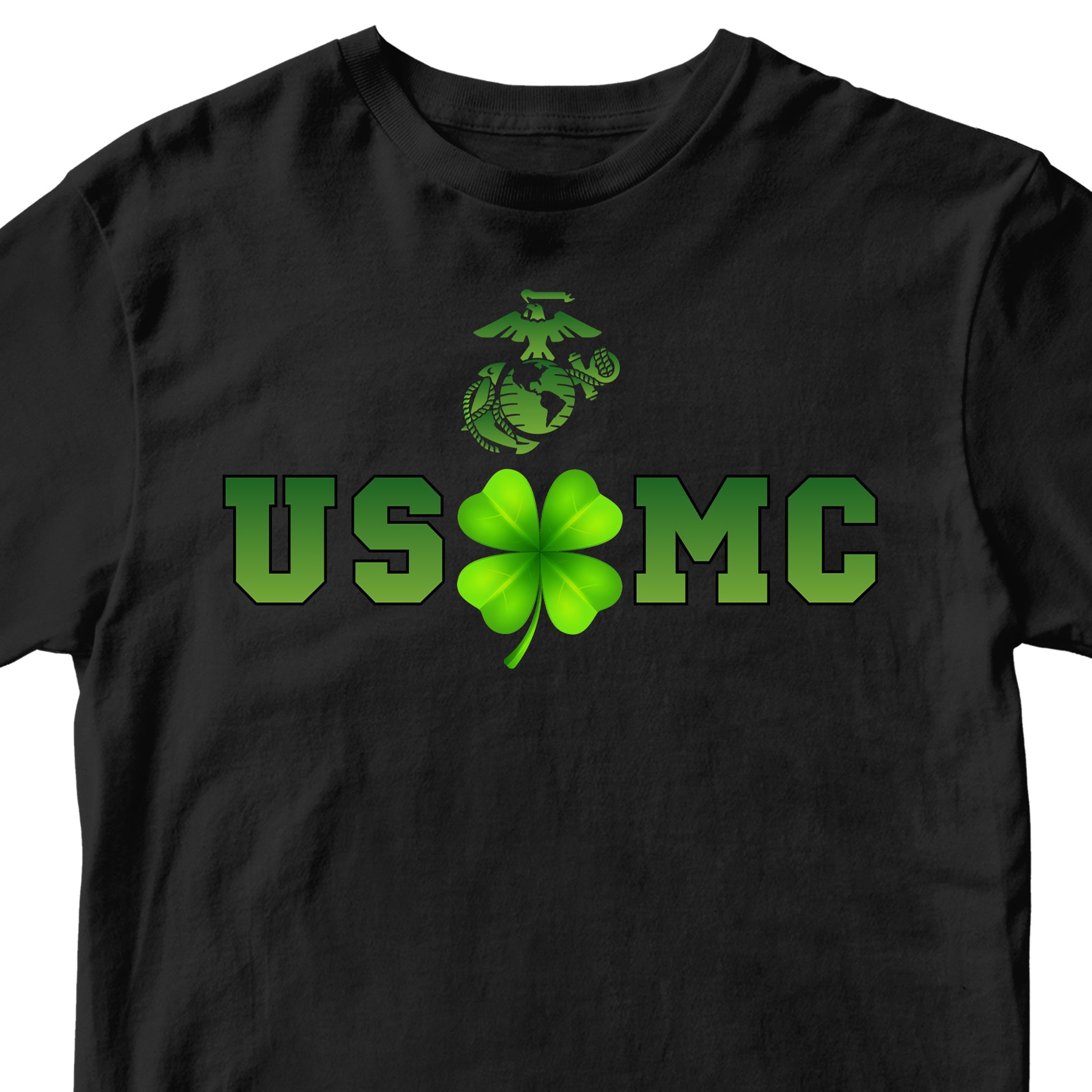 Black USMC St. Patrick’s Day T-shirt with shamrock graphic and Eagle Globe and Anchor.