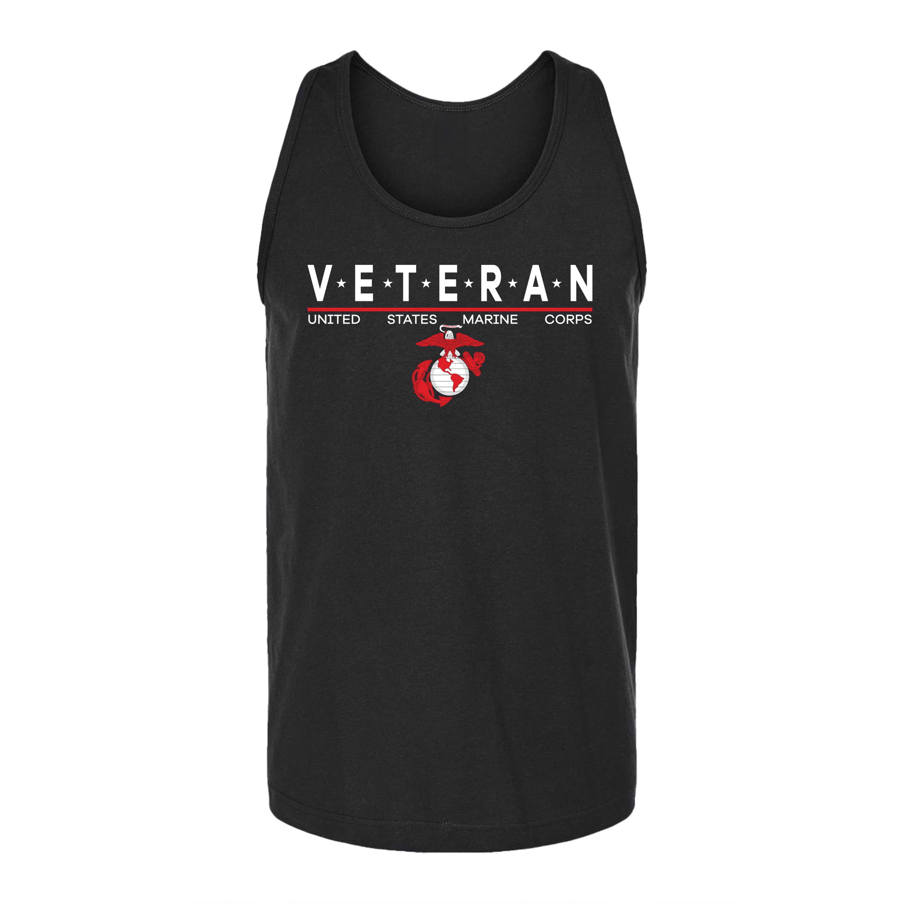 Men’s USMC Veteran tank top with white 'VETERAN' text accented by stars, red Eagle Globe and Anchor emblem, and 'United States Marine Corps' line underneath.