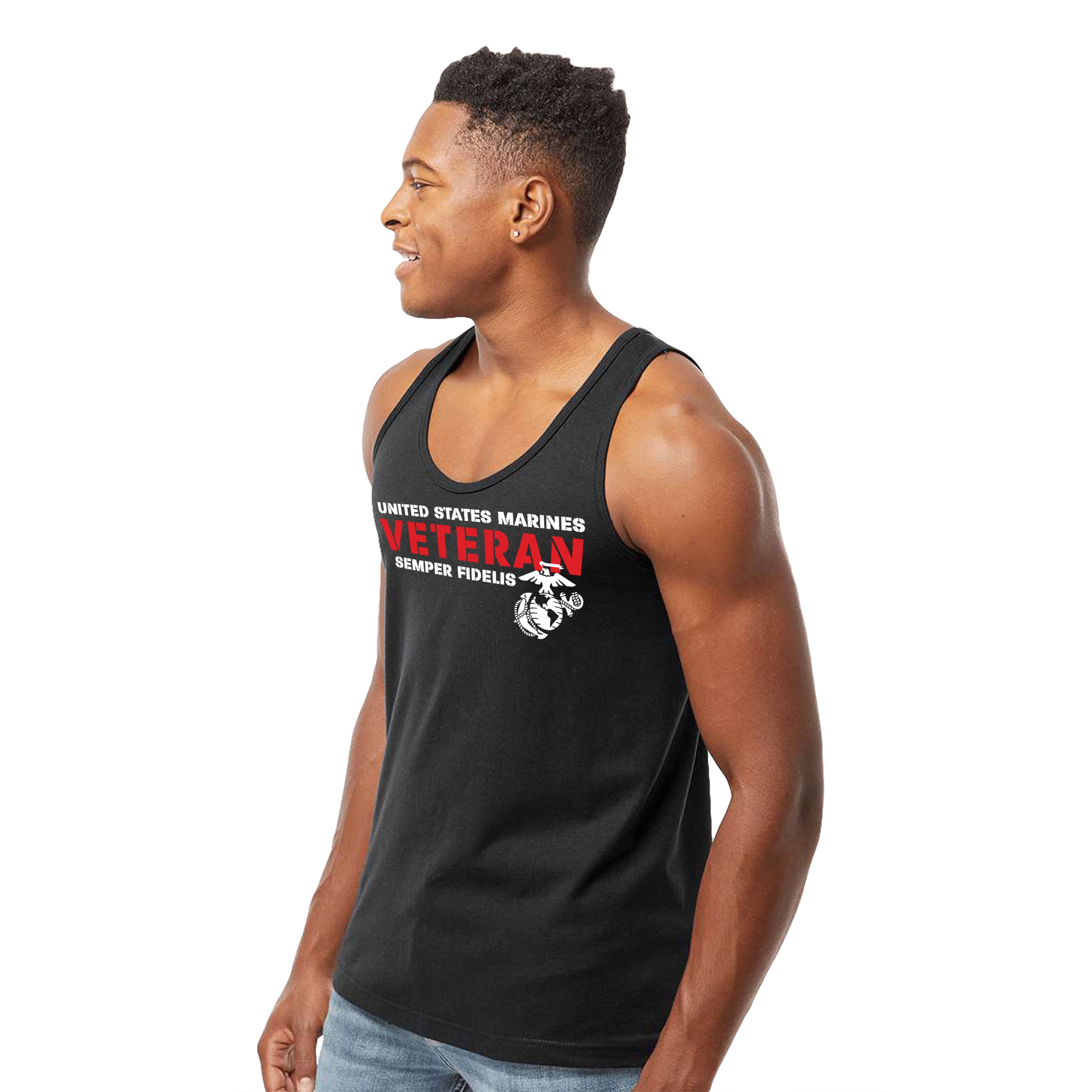 Men’s USMC tank top with bold red and white text reading 'United States Marines Veteran Semper Fidelis' and Eagle, Globe, and Anchor emblem on chest.