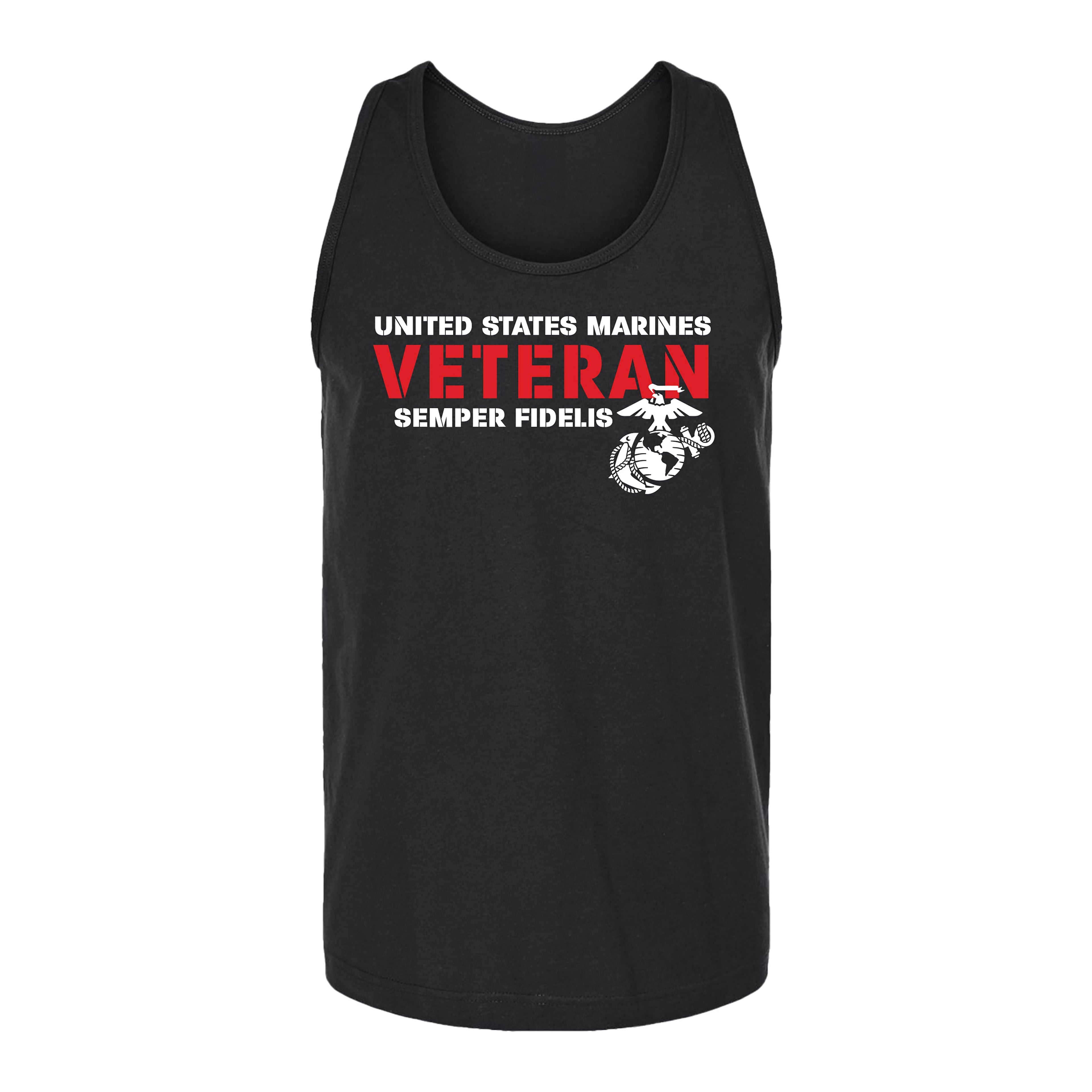 Men’s USMC tank top with bold red and white text reading 'United States Marines Veteran Semper Fidelis' and Eagle, Globe, and Anchor emblem on chest.