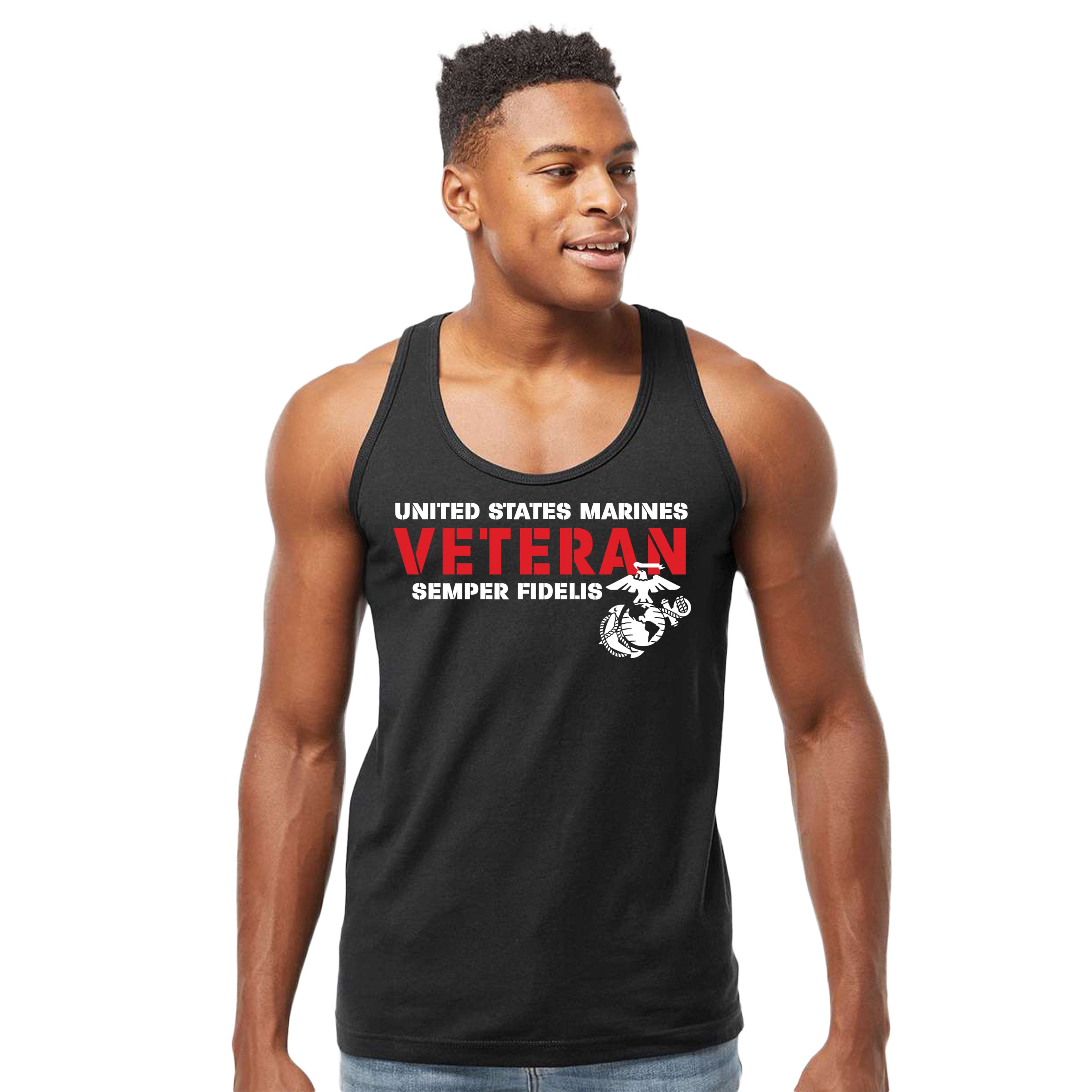 Men’s USMC tank top with bold red and white text reading 'United States Marines Veteran Semper Fidelis' and Eagle, Globe, and Anchor emblem on chest.