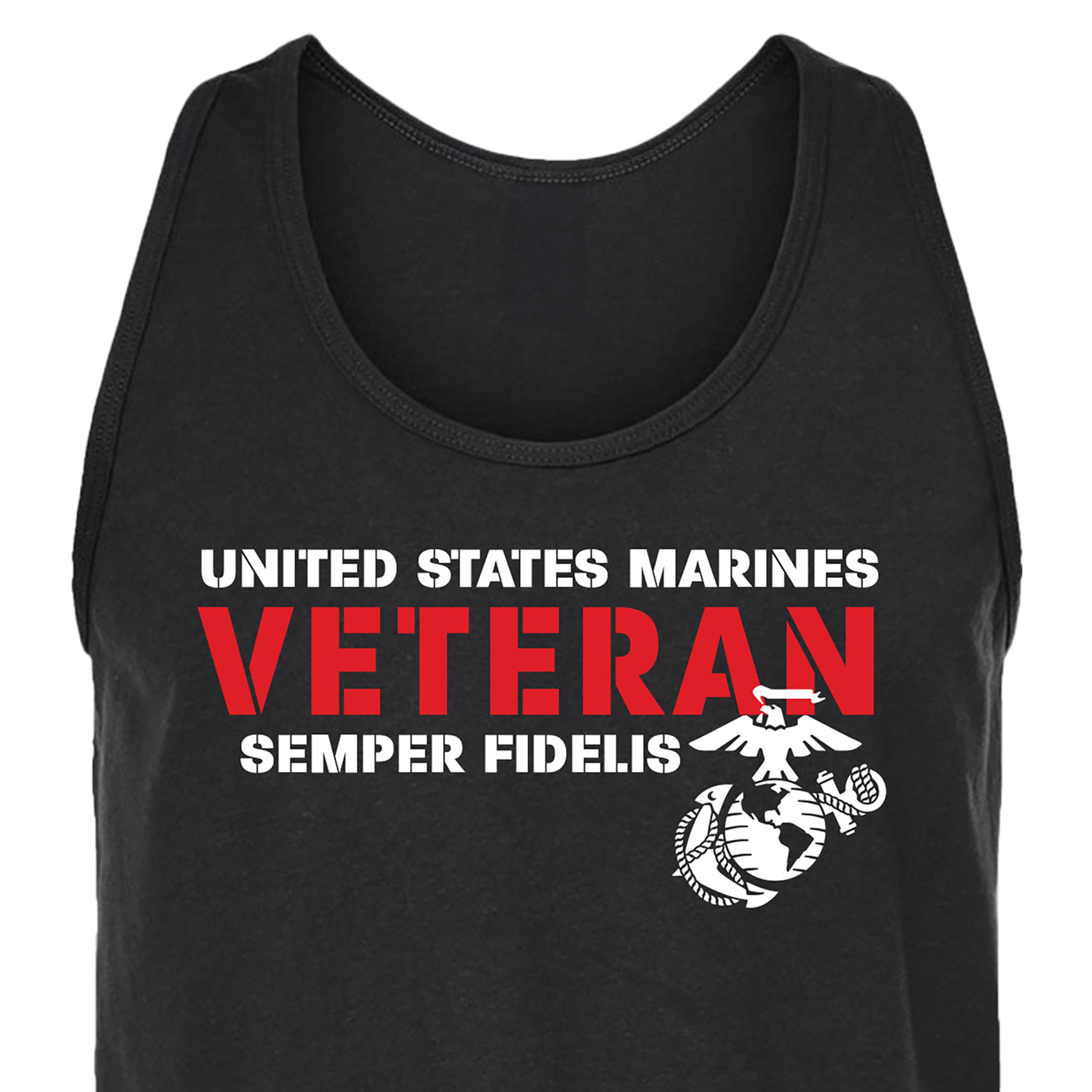 Men’s USMC tank top with bold red and white text reading 'United States Marines Veteran Semper Fidelis' and Eagle, Globe, and Anchor emblem on chest.