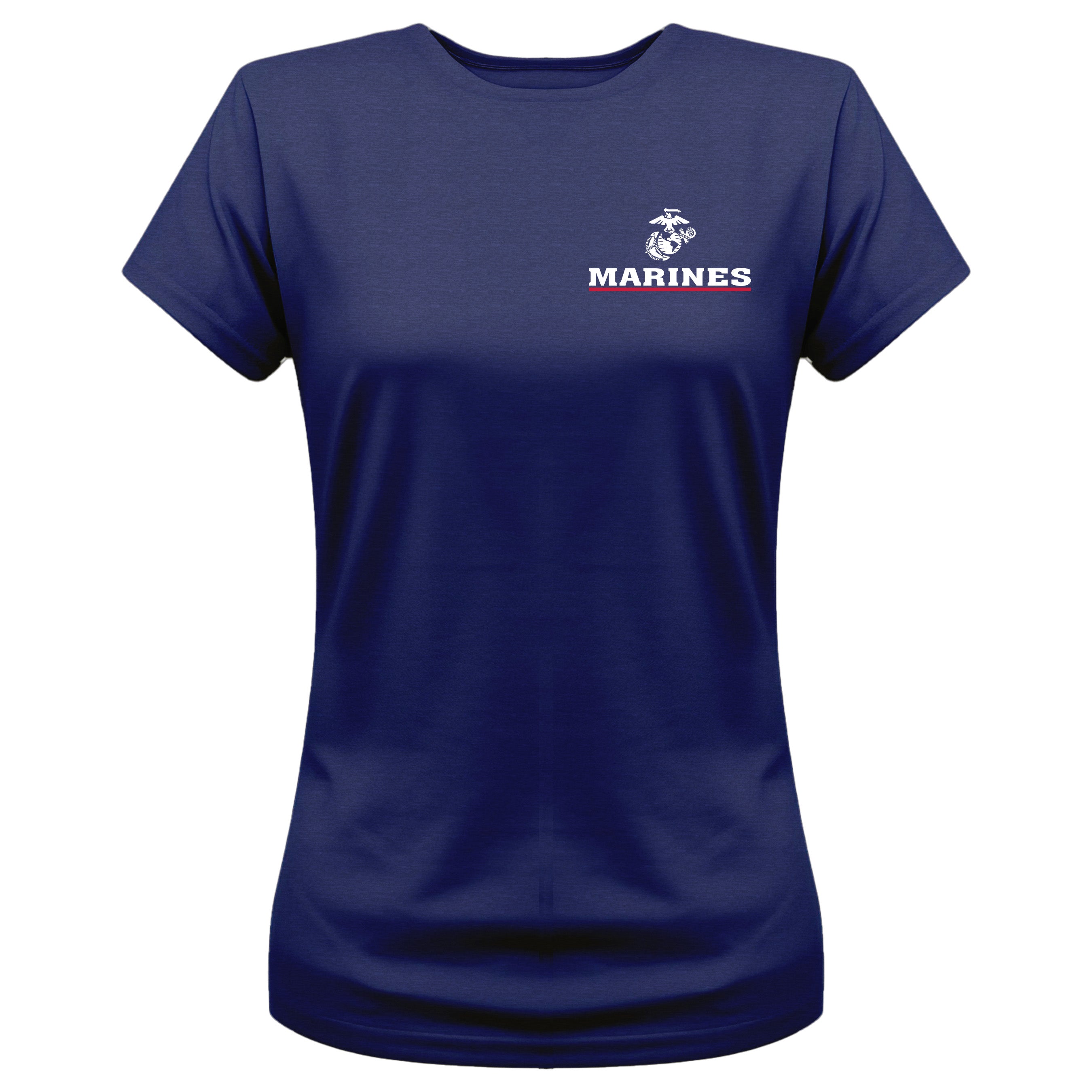 Women’s navy USMC t-shirt with EGA chest seal emblem above bold white 'MARINES' text and a red underline, minimalist Marine Corps design.