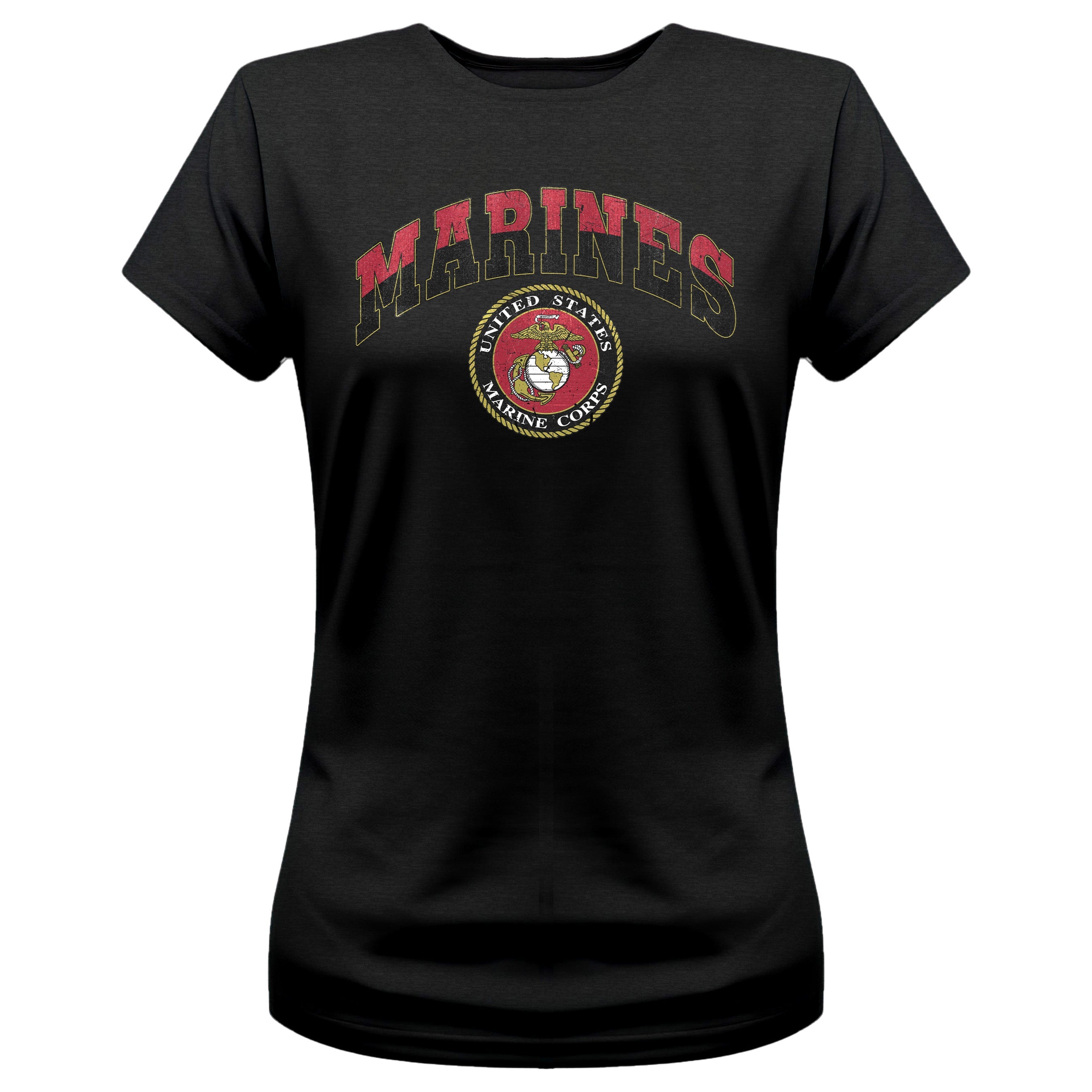 Women’s black USMC t-shirt with vintage red and gold 'MARINES' text and full-color United States Marine Corps seal, patriotic military shirt for female Marines and supporters.