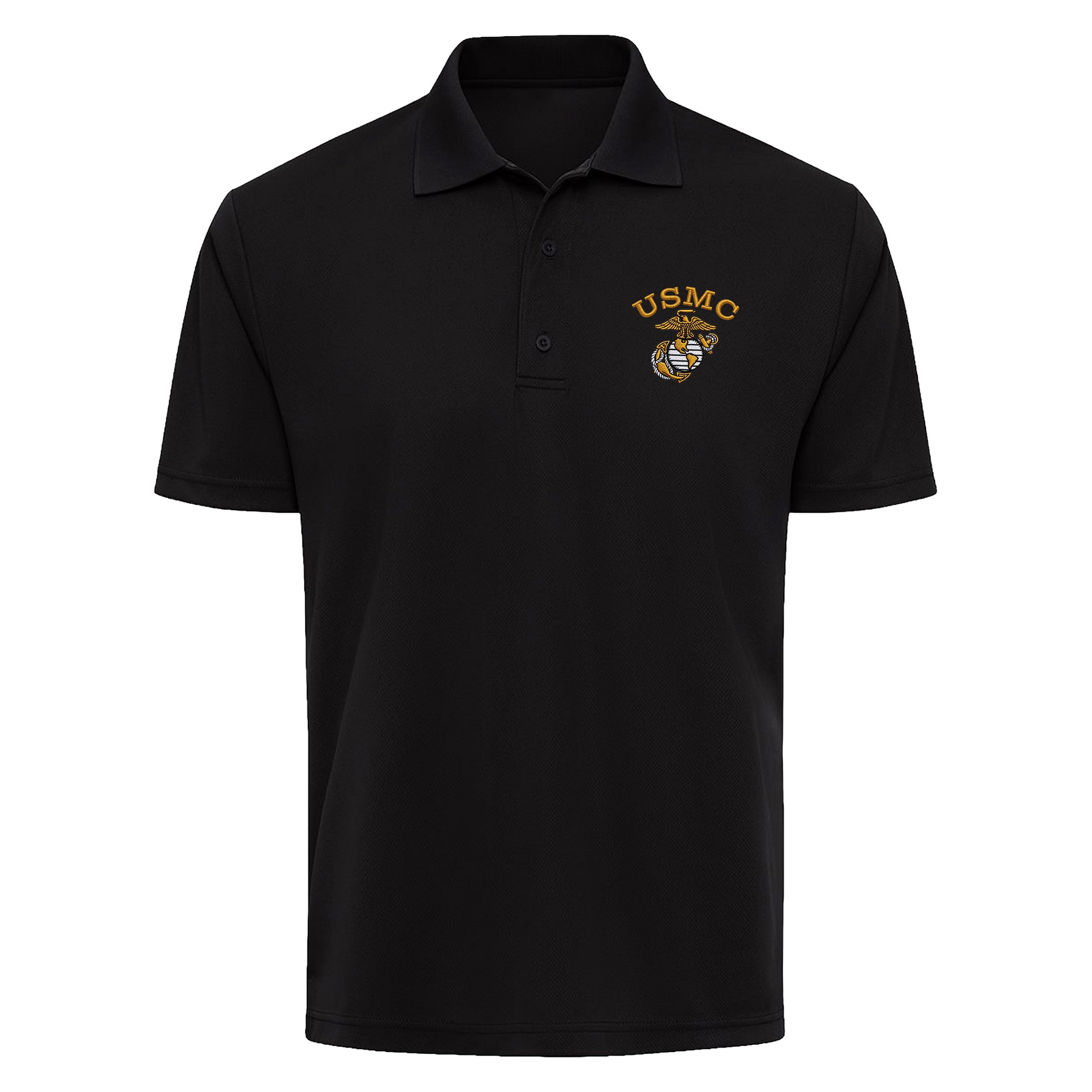 Black USMC performance polo with gold embroidered USMC lettering and Eagle, Globe & Anchor on the left chest.