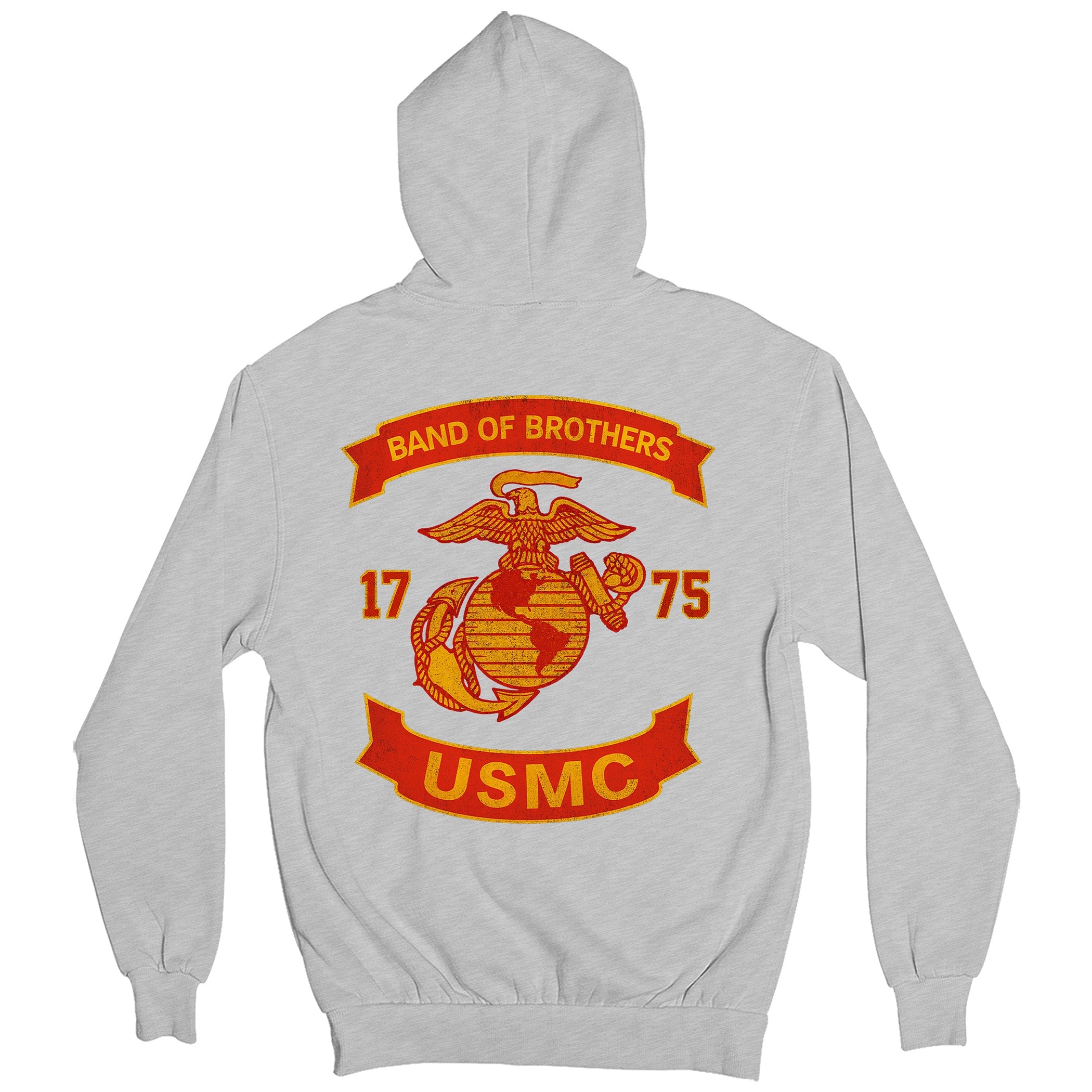 Grey USMC Hoodie with large motorcycle club–style back graphic reading ‘Band of Brothers,’ ‘1775,’ and ‘USMC. Marines Motorcycle Hoodie