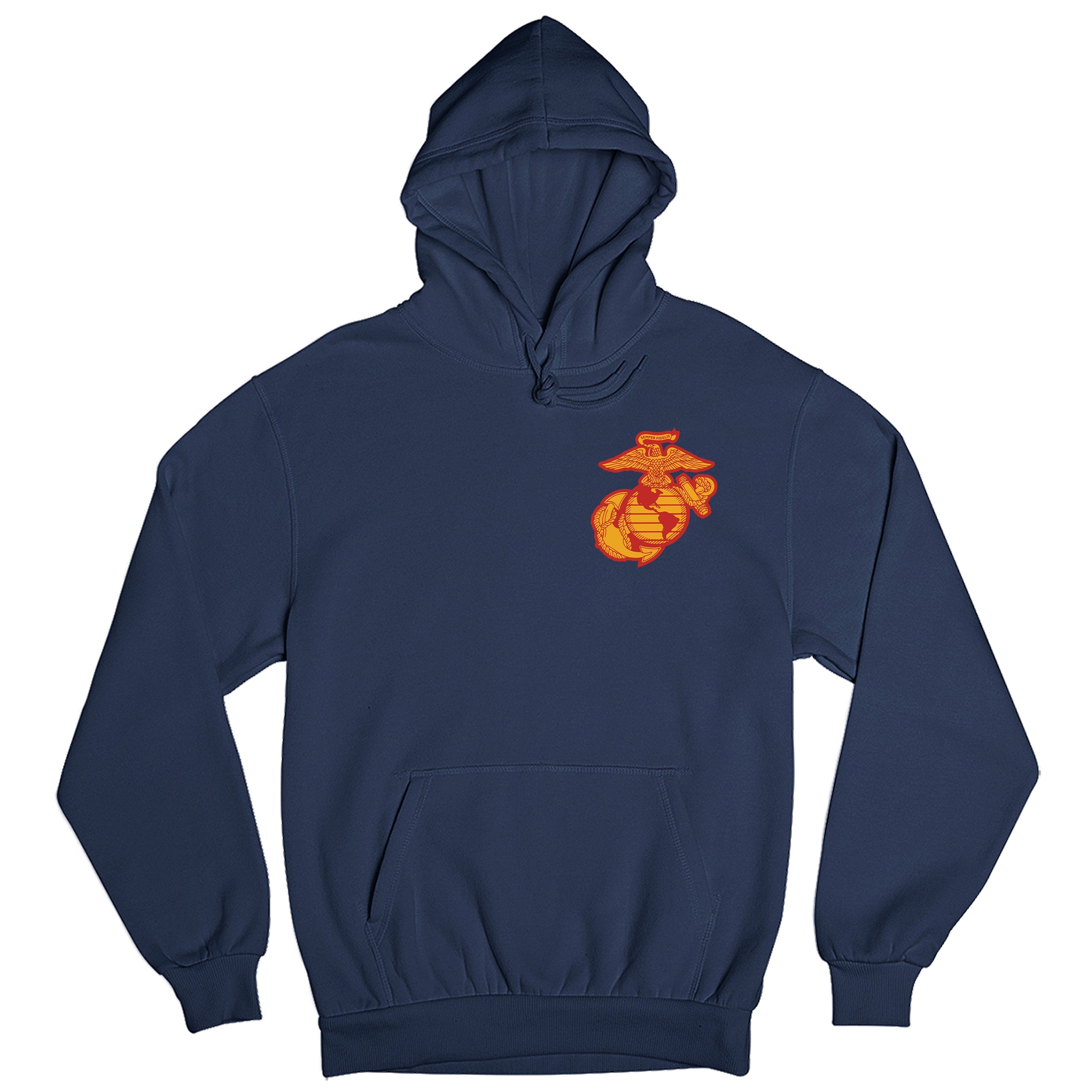 Navy Blue USMC Hoodie with chest EGA. Marines Motorcycle Hoodie