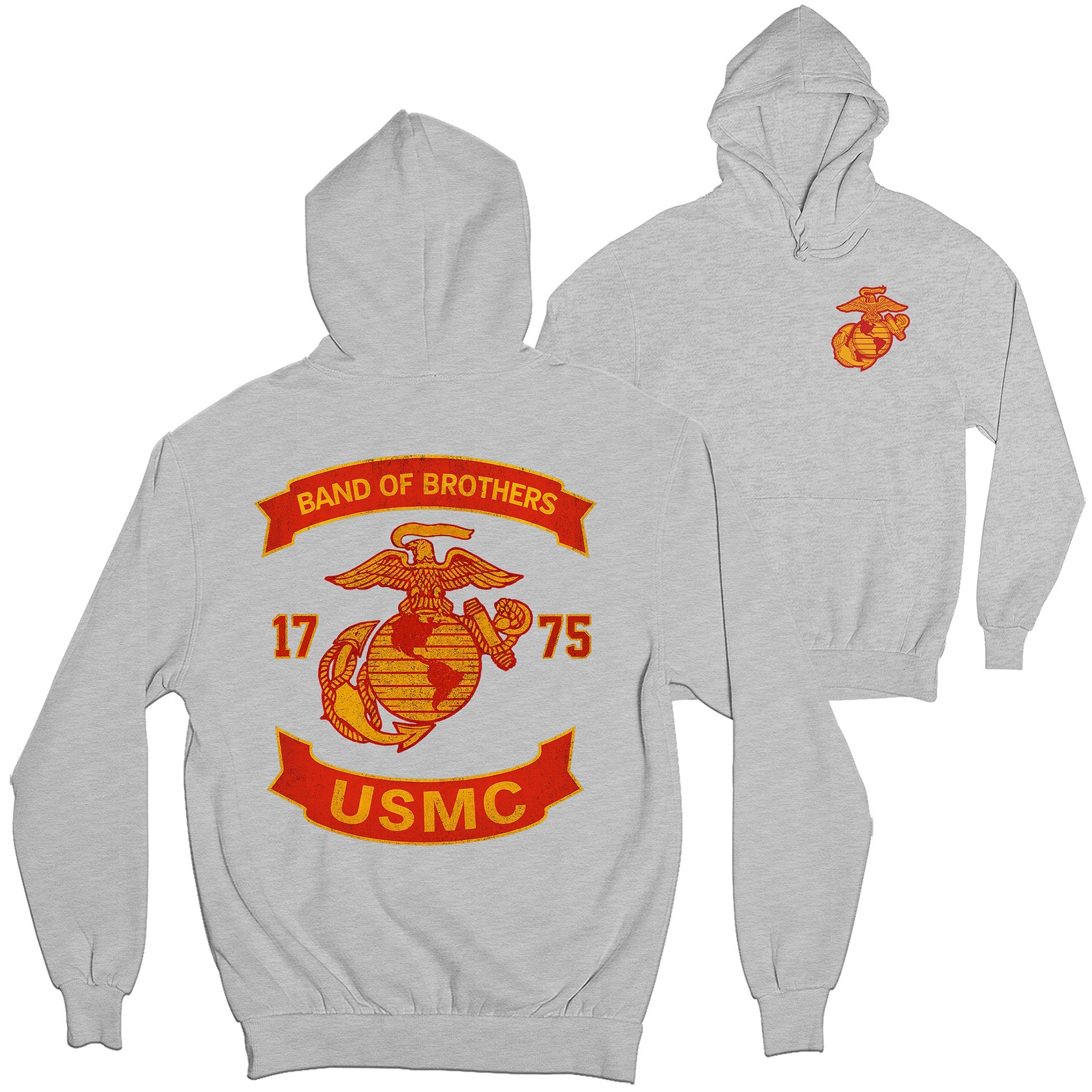Grey USMC Hoodie with chest EGA and large motorcycle club–style back graphic reading ‘Band of Brothers,’ ‘1775,’ and ‘USMC. Marines Motorcycle Hoodie