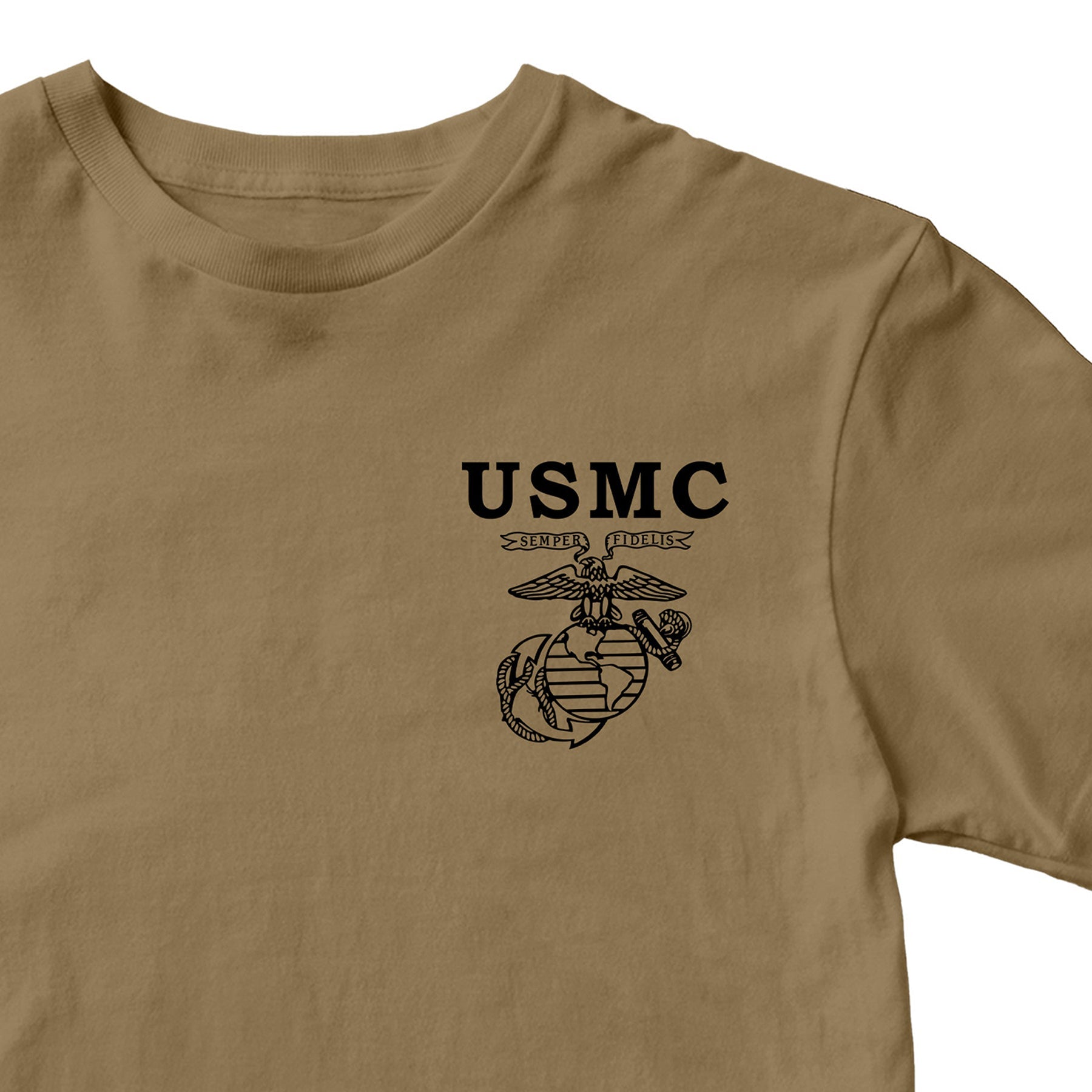 USMC Old School EGA T-shirt with Semper Fidelis Eagle Globe and Anchor chest graphic brown tee. Marines Vintage Tee