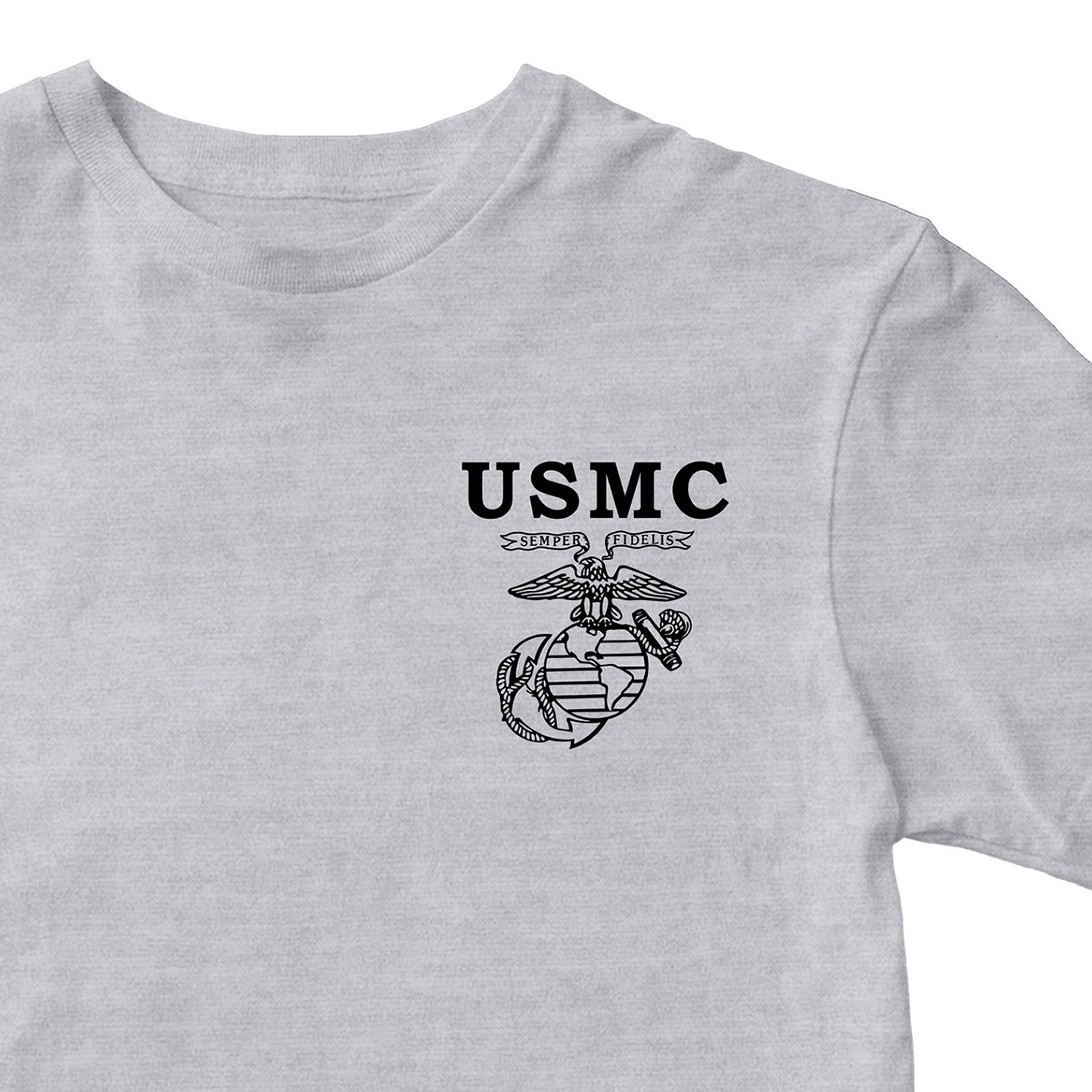 USMC Old School EGA T-shirt with Semper Fidelis Eagle Globe and Anchor chest graphic gray tee. Marines Vintage Tee