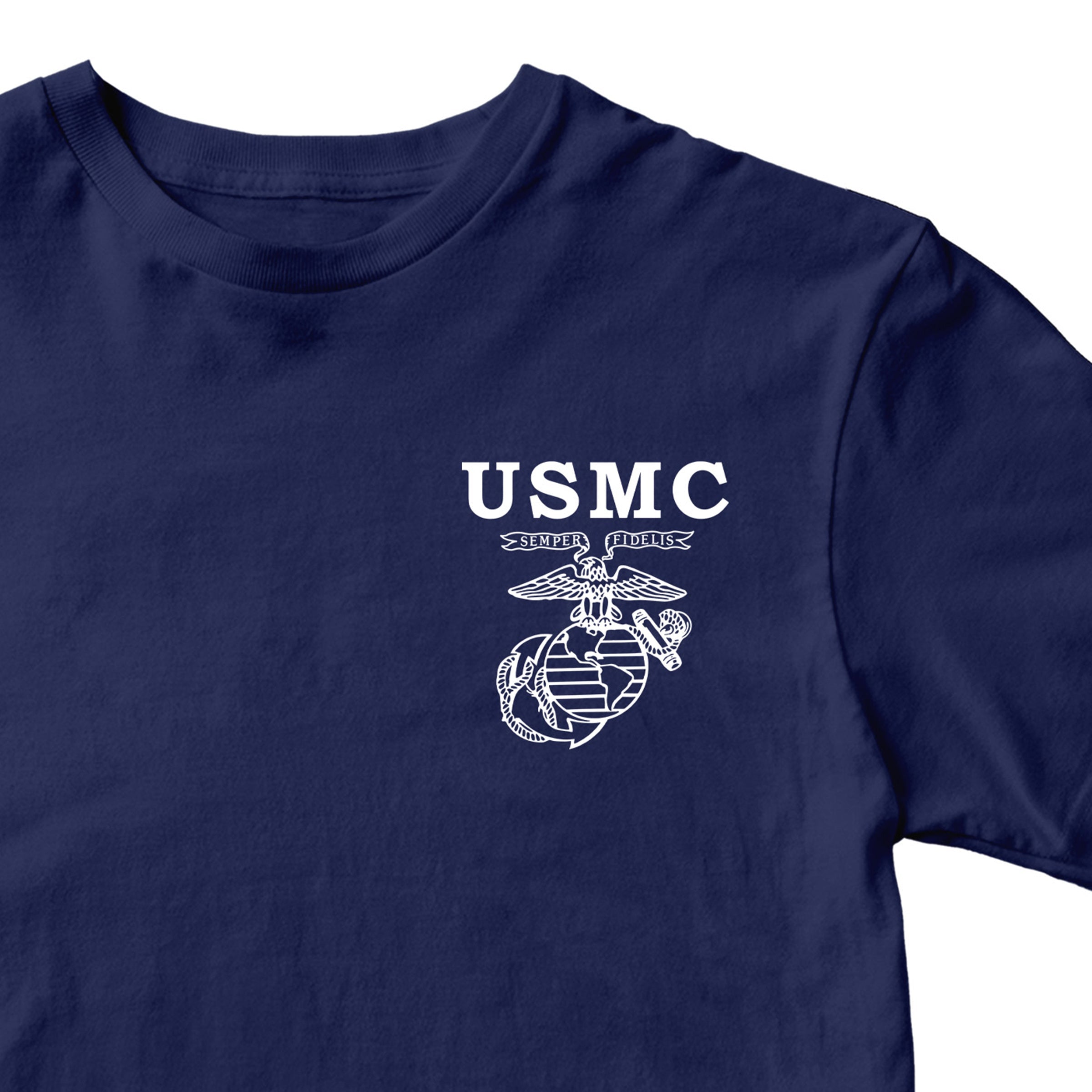 USMC Old School EGA T-shirt with Semper Fidelis Eagle Globe and Anchor chest graphic navy blue tee. Marines Vintage Tee
