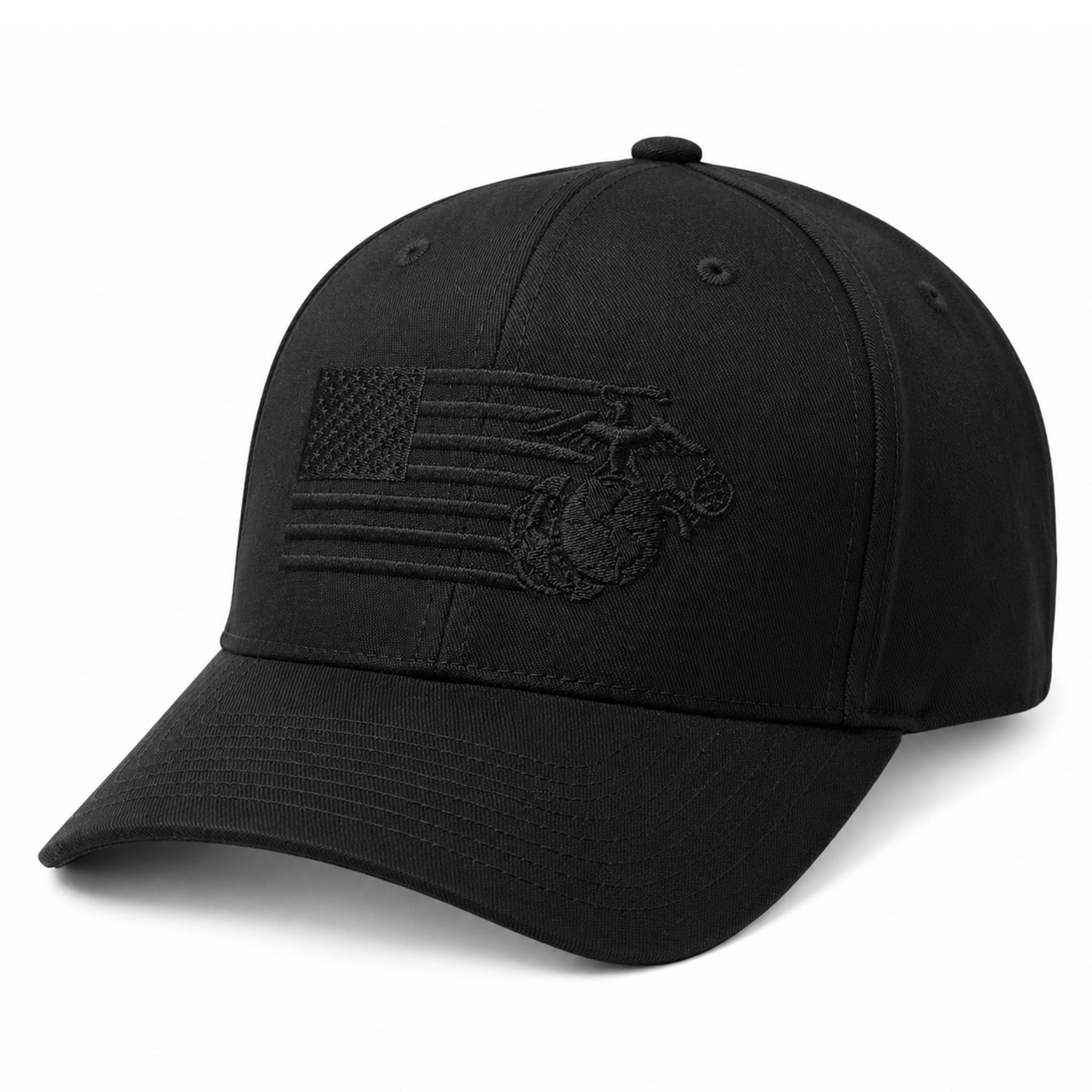 Black USMC Flexfit cap with tonal black-on-black embroidered split American flag and Eagle, Globe, and Anchor design. Marines black hat. USMC cover