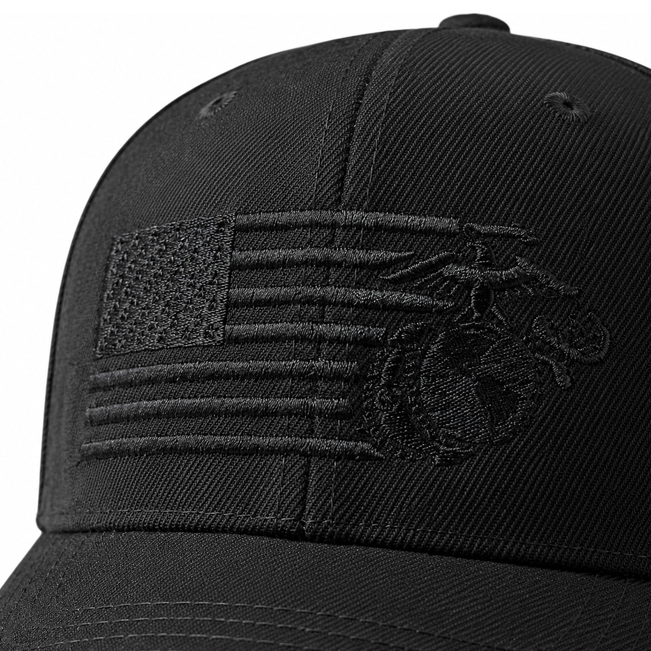 Black USMC Flexfit cap with tonal black-on-black embroidered split American flag and Eagle, Globe, and Anchor design. Marines black hat. USMC cover