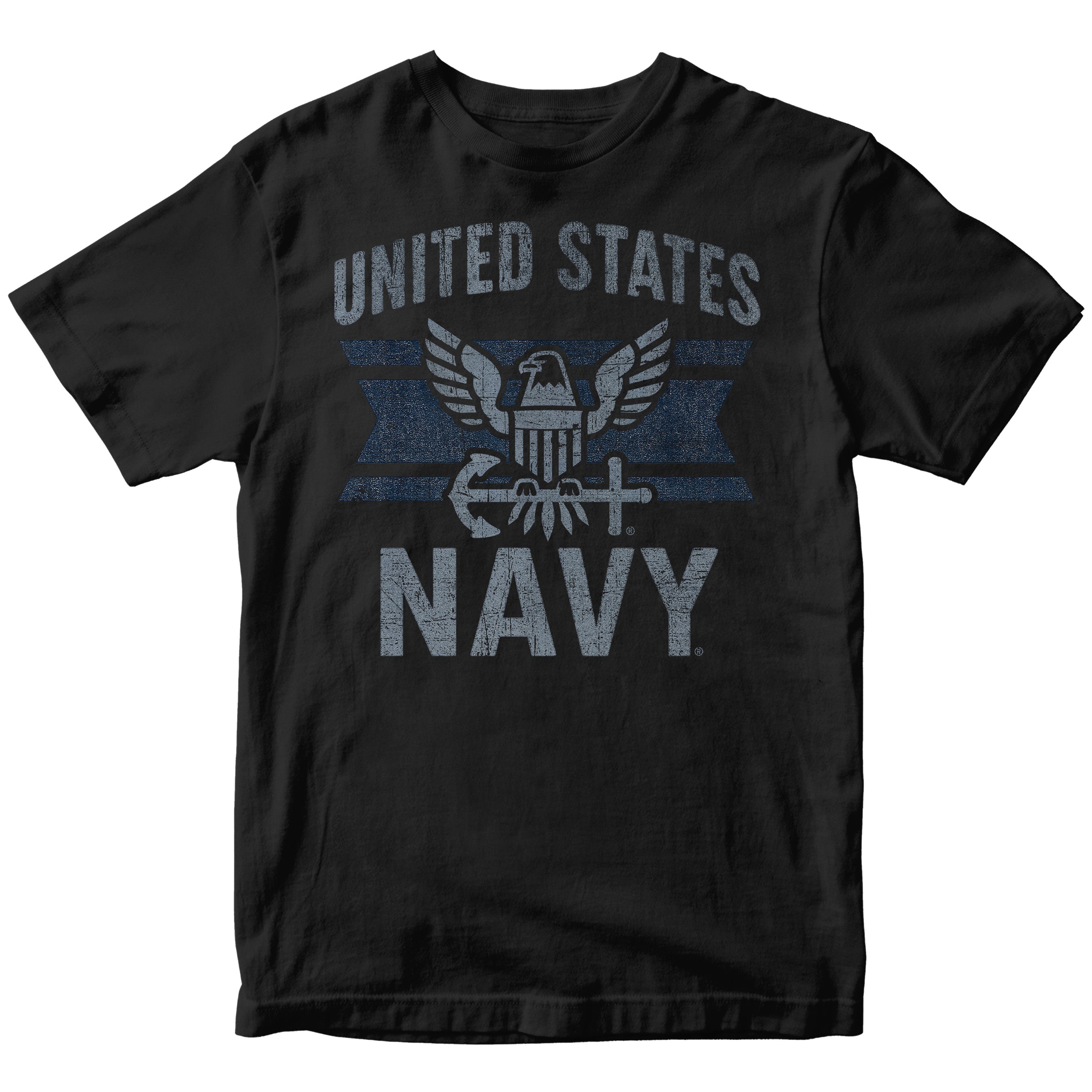 Black U.S. Navy t-shirt featuring eagle crest and navy stripe graphic