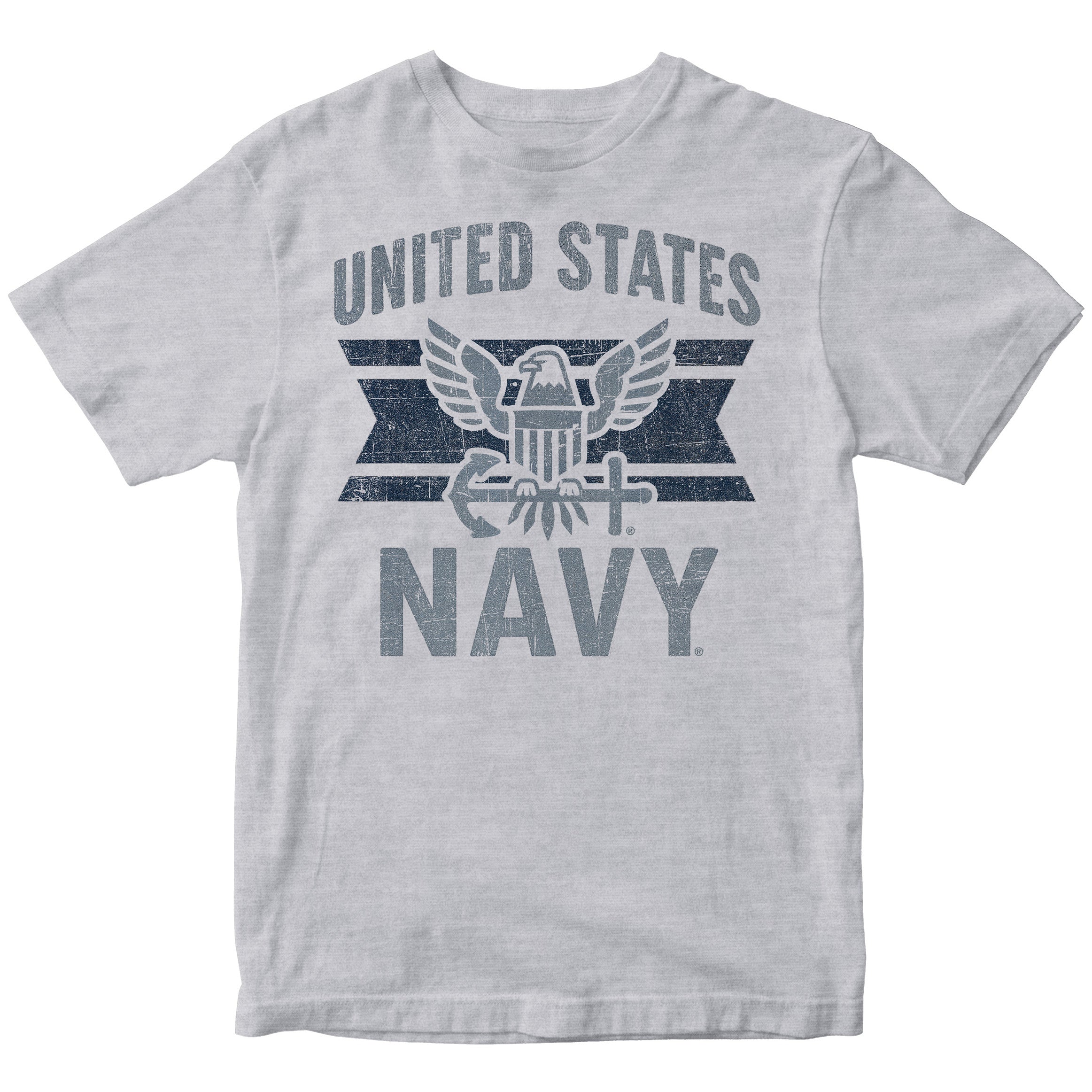 Grey U.S. Navy t-shirt featuring eagle crest and navy stripe graphic