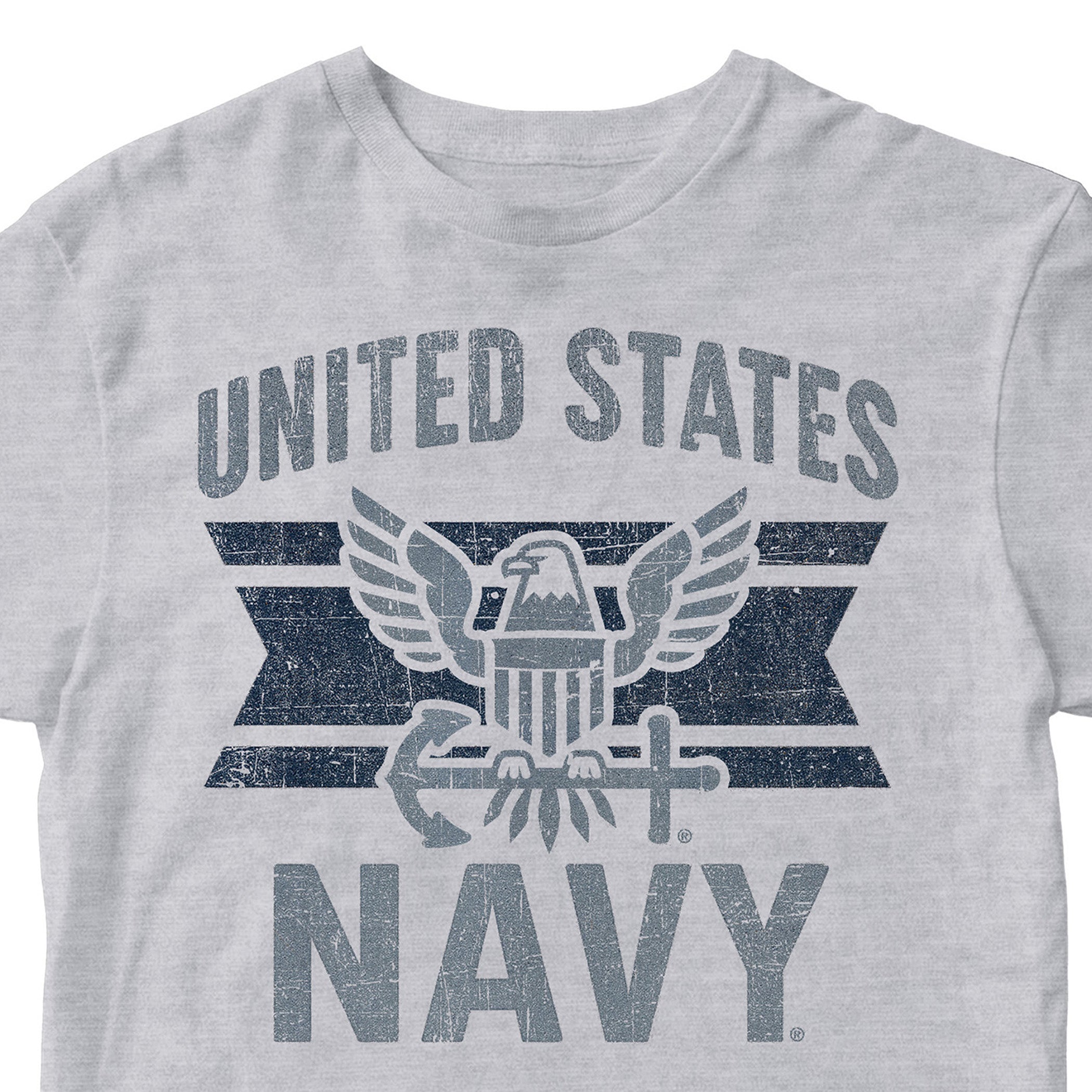 Grey U.S. Navy t-shirt featuring eagle crest and navy stripe graphic