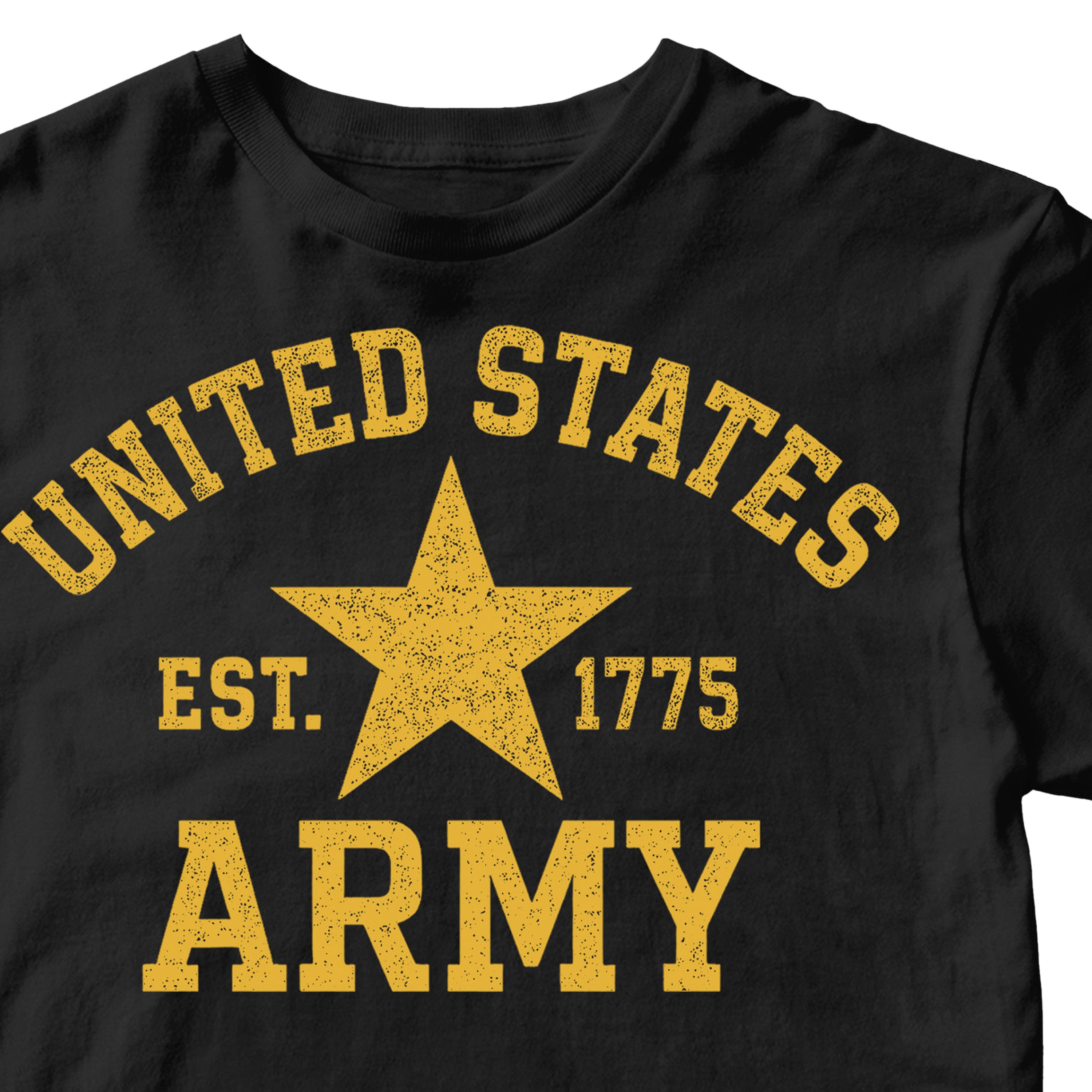 Black T-shirt with a distressed yellow design: arched ‘UNITED STATES’ text above a central star flanked by ‘Est. 1775,’ and bold ‘ARMY’ lettering below.”